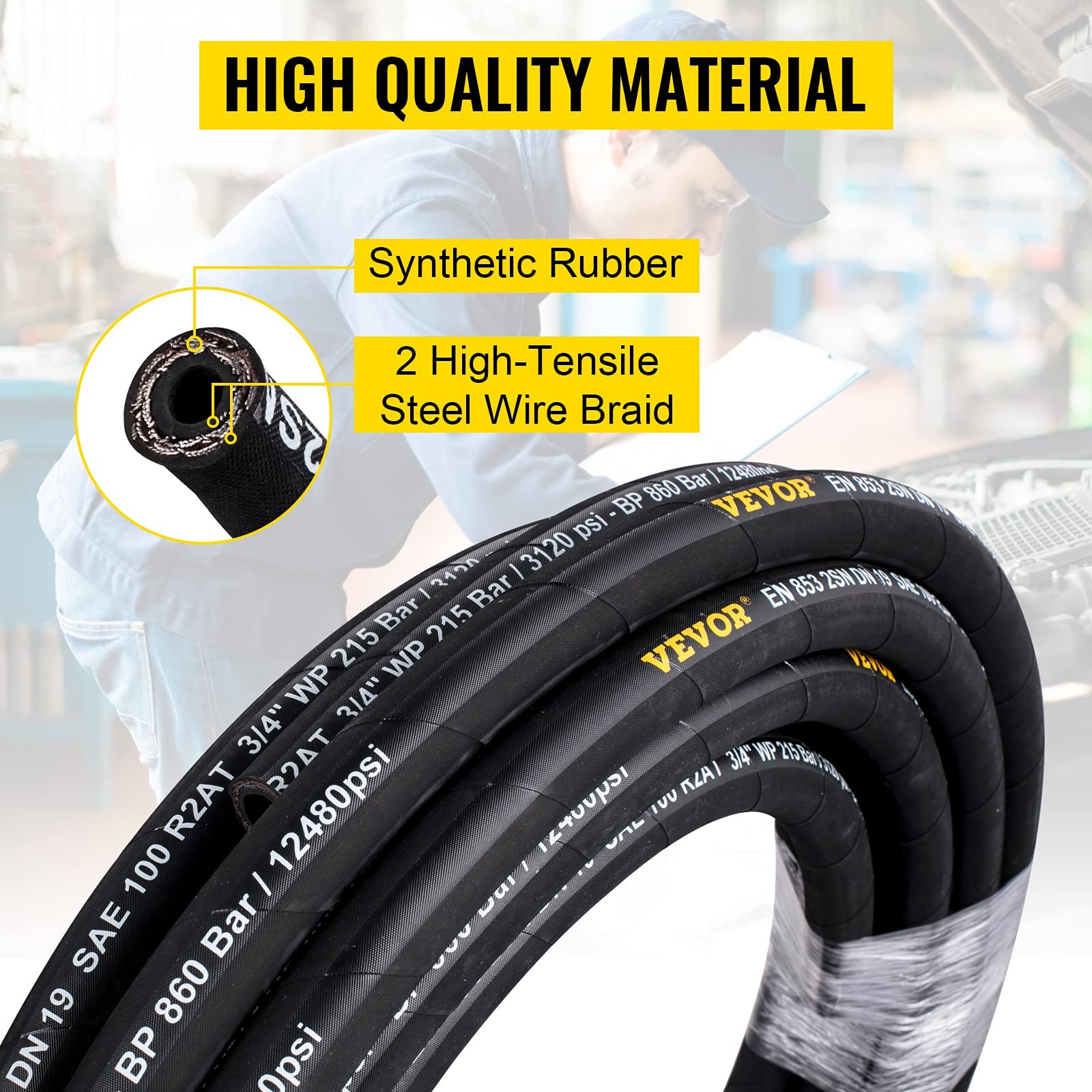 100ft Hydraulic Hose 1/4in ID High Pressure 5800 PSI Durable Flexible Rubber