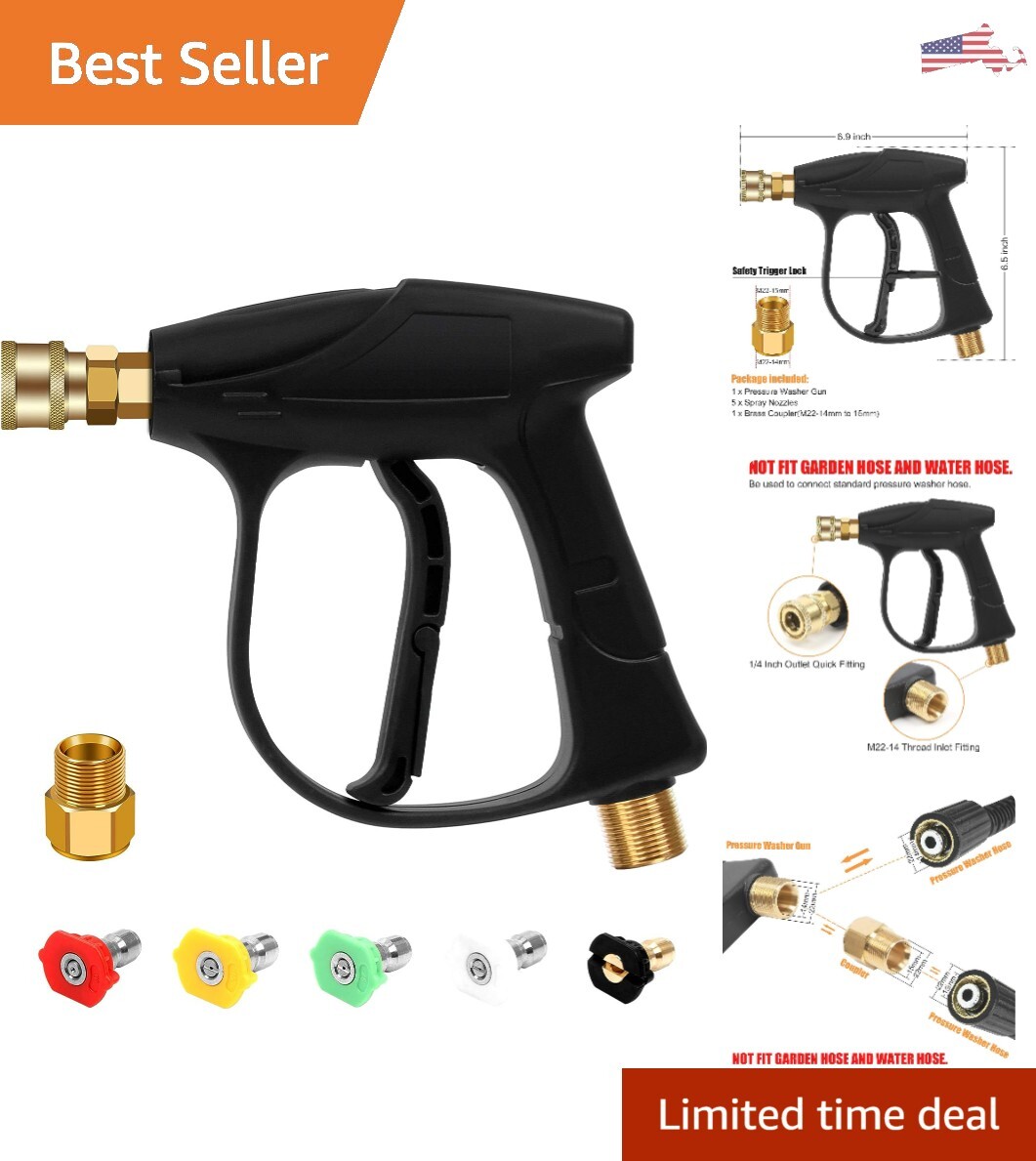 Premium High Pressure Washer Gun – 4350PSI – 5 Nozzles – M 22 Brass Coupler
