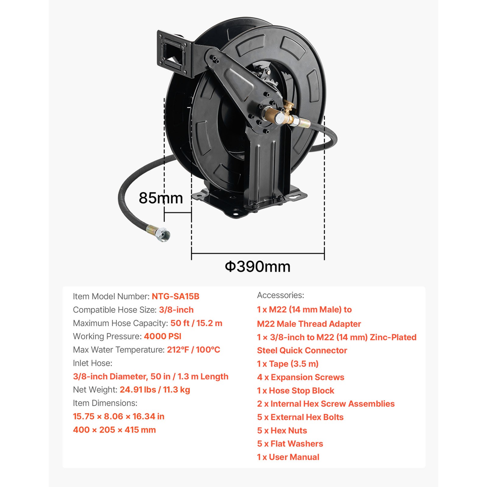 Uimoso Retractable Pressure Washer Hose Reel 50ft x 3/8in, 4000 PSI, Auto-Rewind