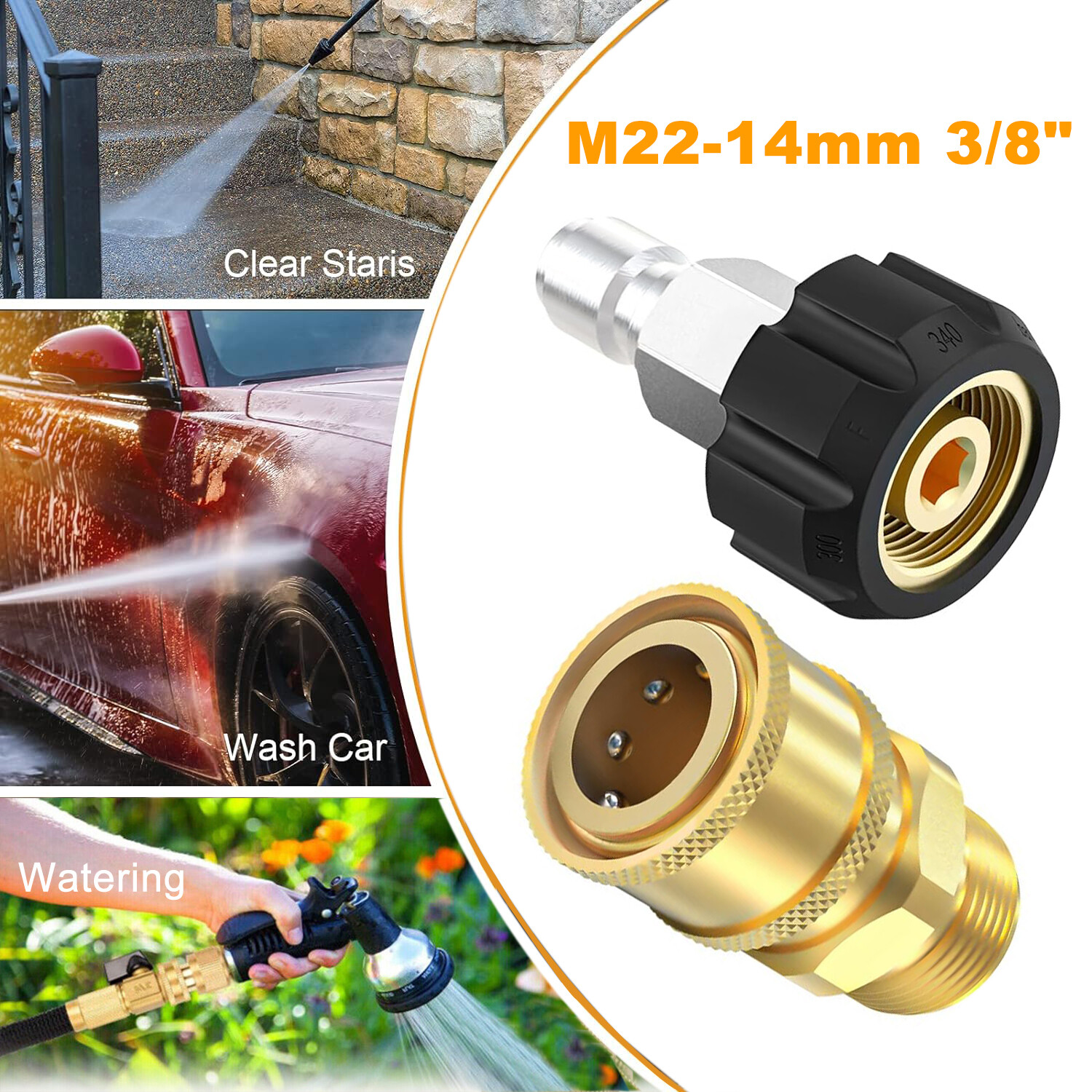 Pressure Washer Adapter Set Quick Connect M22-14mm Swivel to 3/8″ Female Male