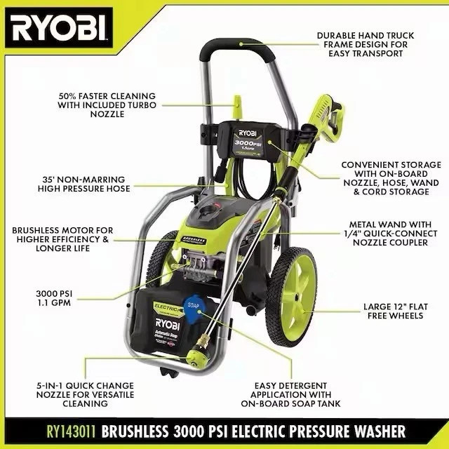 *NEW* RYOBI RY143011VNM 3000 psi Brushless Elecric Pressure Washer w/ Soap Tank