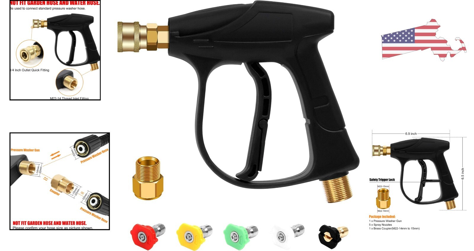 Premium High Pressure Washer Gun – 4350PSI – 5 Nozzles – M 22 Brass Coupler