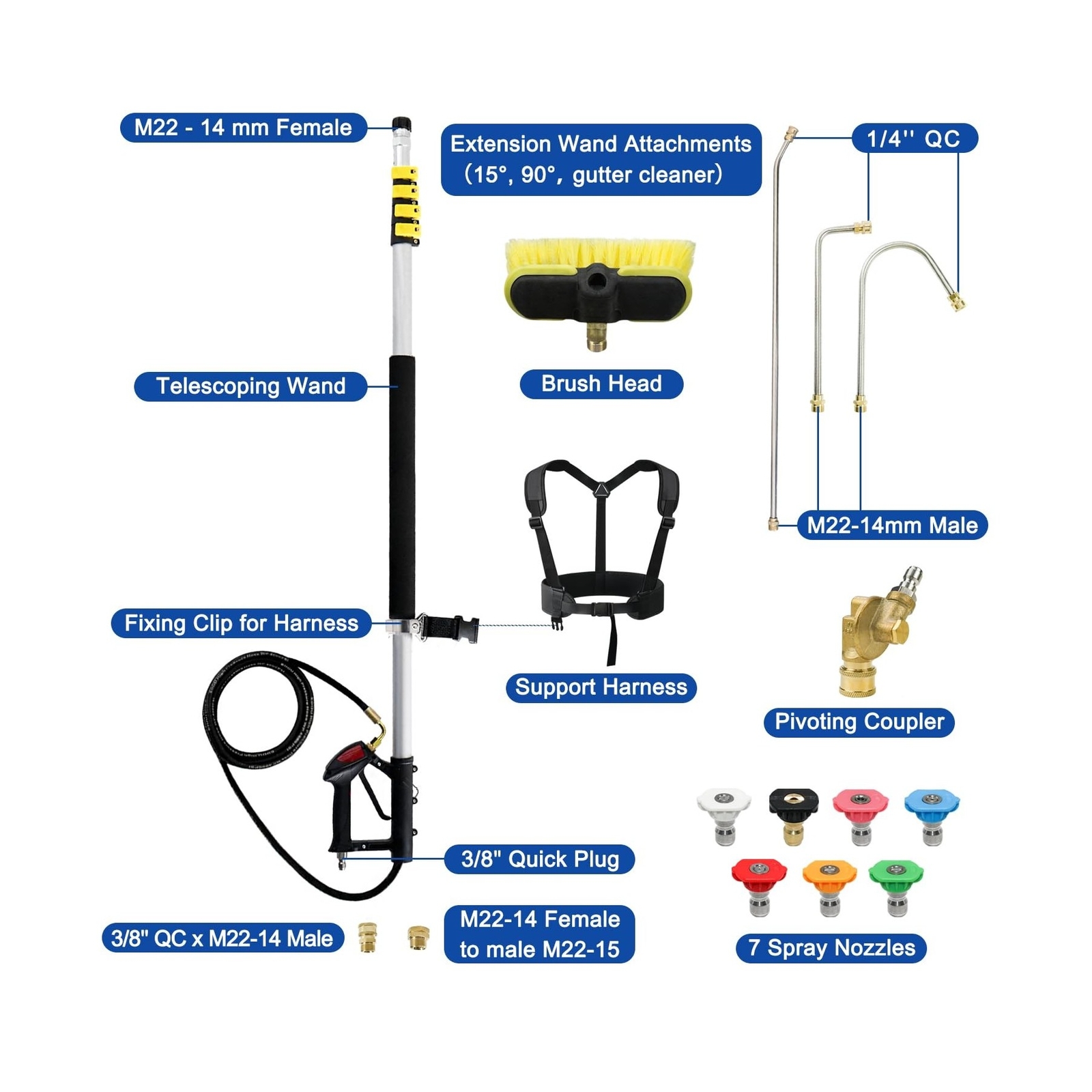 RAYNEL 24FT Telescoping Pressure Washer Extension Wand with Brush Head, 2 Pow…