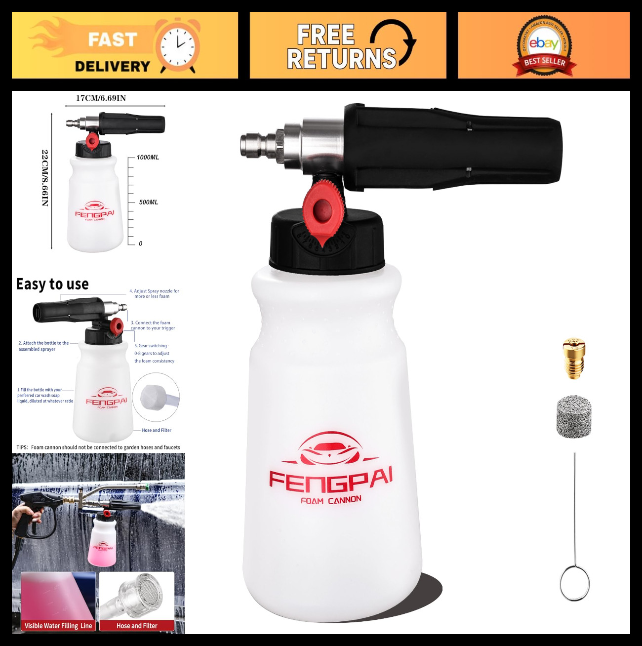 Foam Cannon for Pressure Washer – Adjustable Snow Foam Lance, 1L Soap Dispenser,