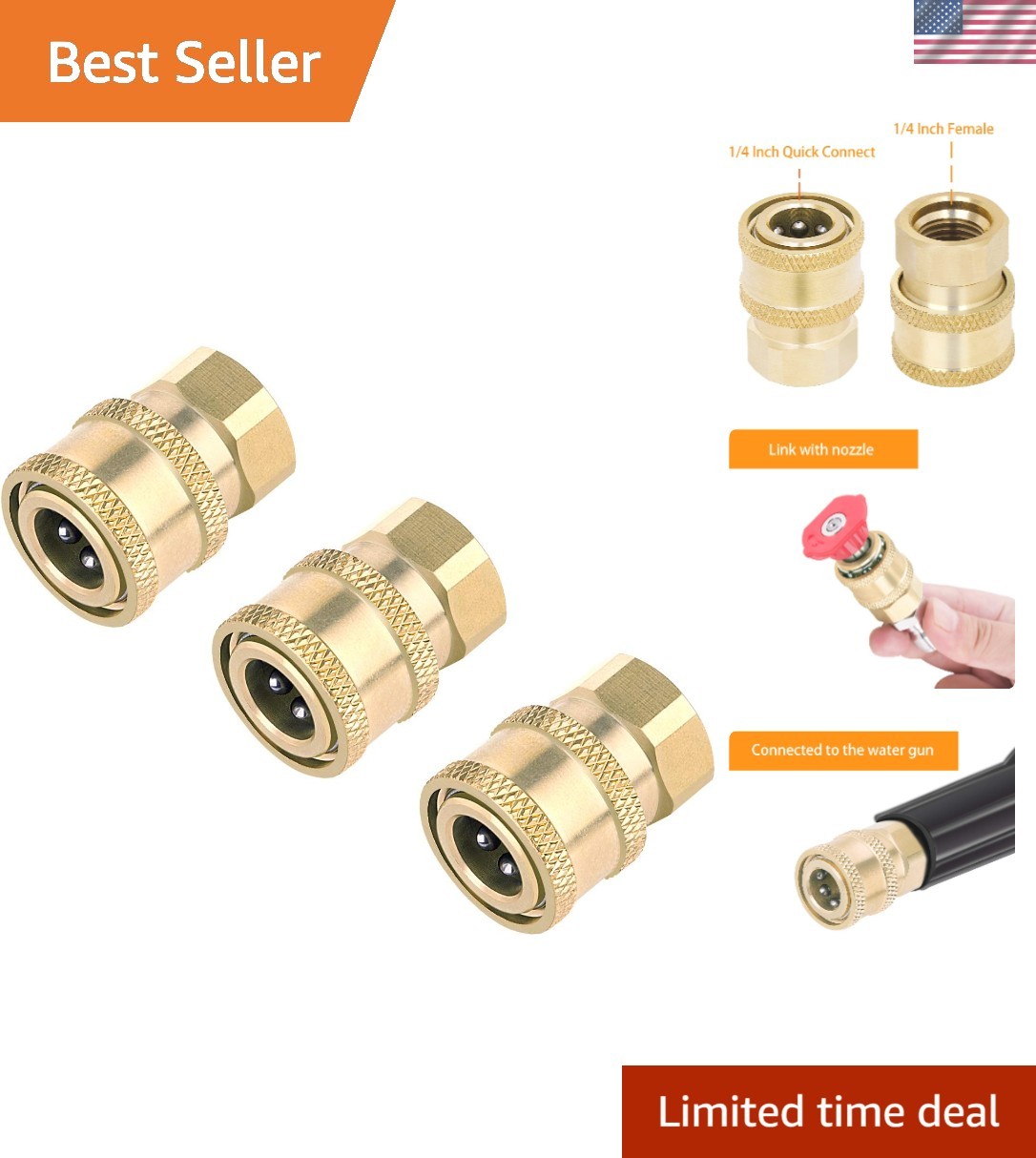 3 Pack Brass Pressure Washer Quick Connect Couplers – 1/4 Inch NPT Adaptability