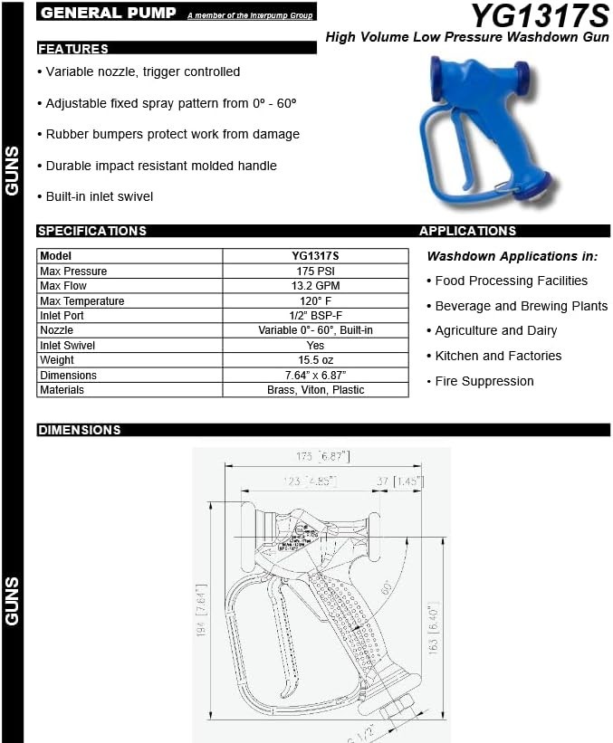 RB35 High Volume Low Pressure Wash Down Gun 175 PSI Food Industry Plastic