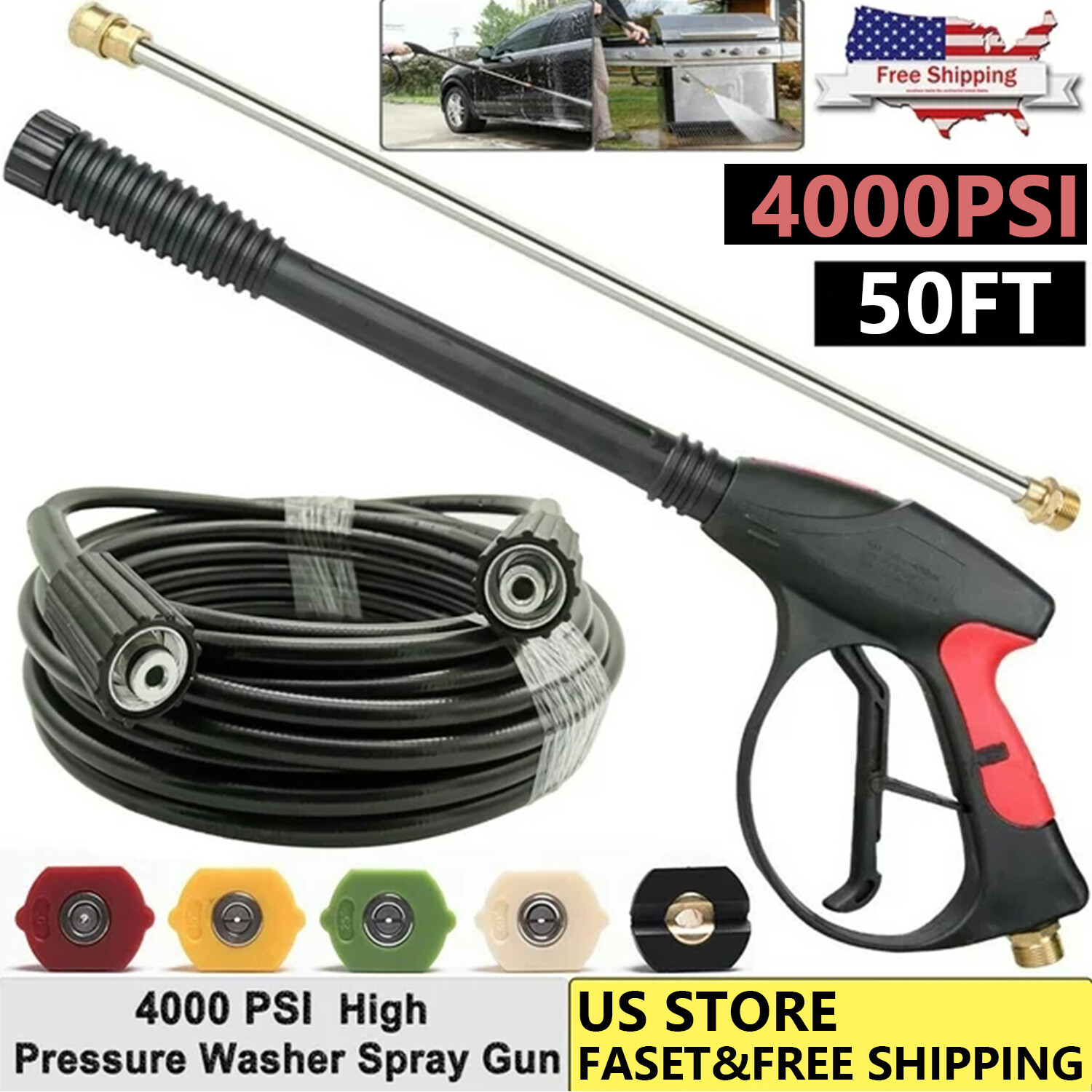 High Pressure 4000PSI Car Power Washer Gun Spray Wand Lance Nozzle + Hose Kit