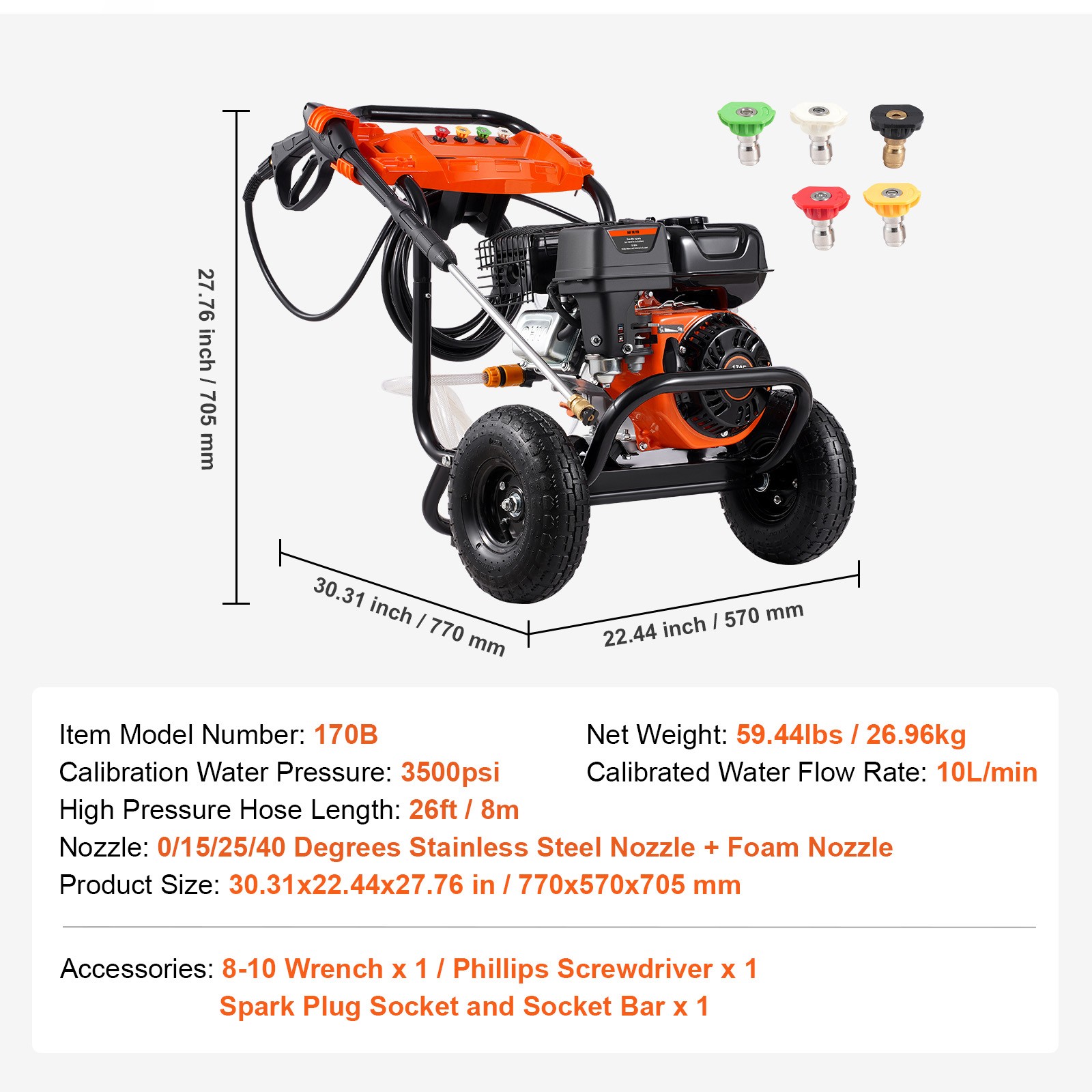 VEVOR Gas Pressure Washer 3500 PSI 2.6 GPM with 5 Nozzle Set for Cars Fences