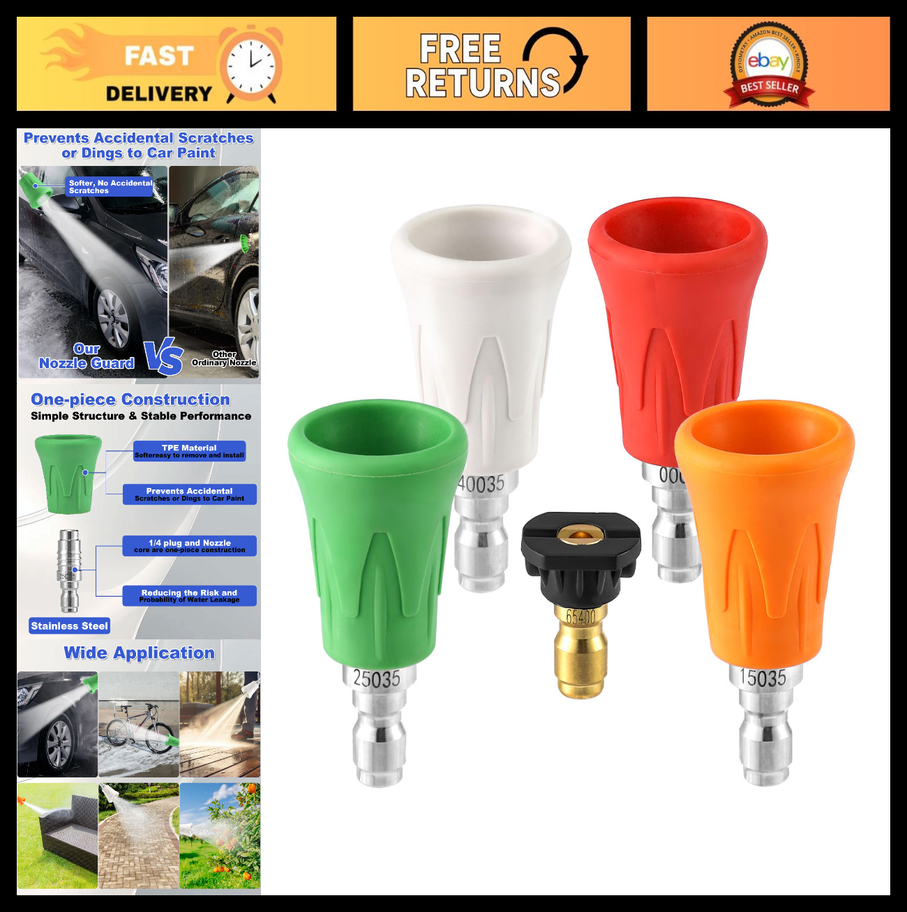 High Power Pressure Washer Nozzle Set, 5Pcs Stainless Steel Tips & Rubber Cover,