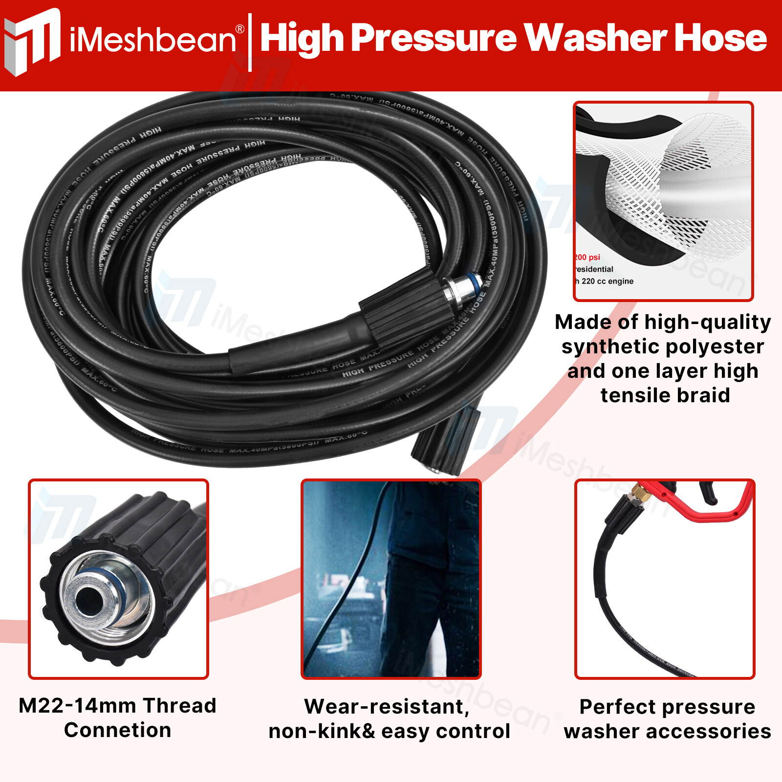 High Pressure 4000PSI Car Power Washer Gun Spray Wand Lance Nozzle 25/50′ Hose