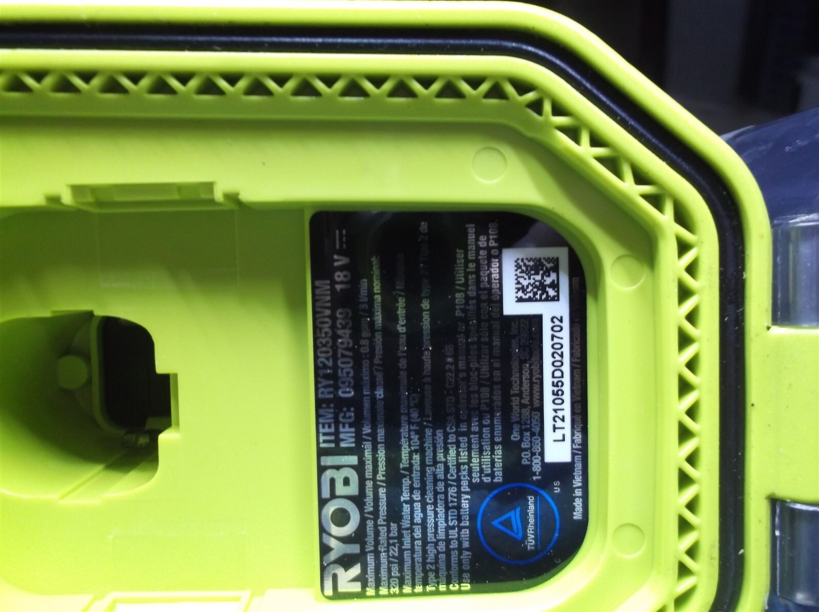 RYOBI RY120350vnm ONE+ 18-Volt 320 PSI 0.8 GPM Cold Water Cordless Power Cleaner