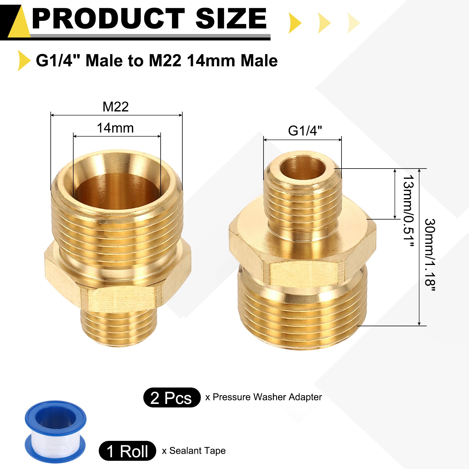 2Pcs Pressure Washer Adapter with Tape, G1/4″ Male to M22 14mm Male Brass