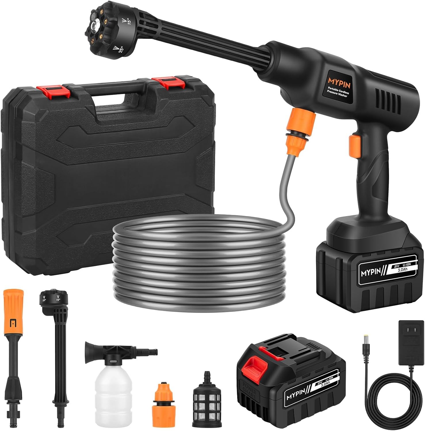 600PSI 3.0Ah Rechargeable Battery Powered Pressure Washer,6-in-1 Nozzle for Car