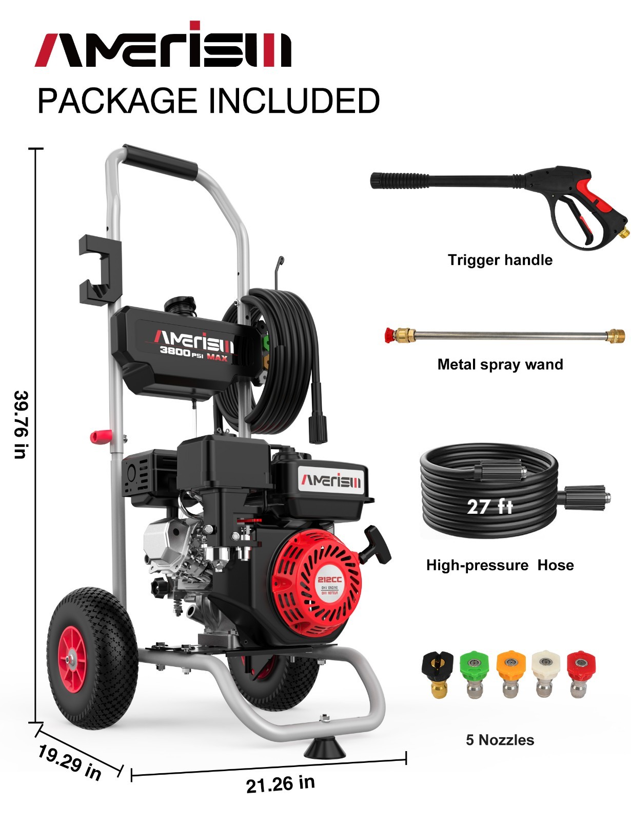 Amerisun 3800 PSI Gas High Pressure Washer, 2.5 GPM, 212cc Engine