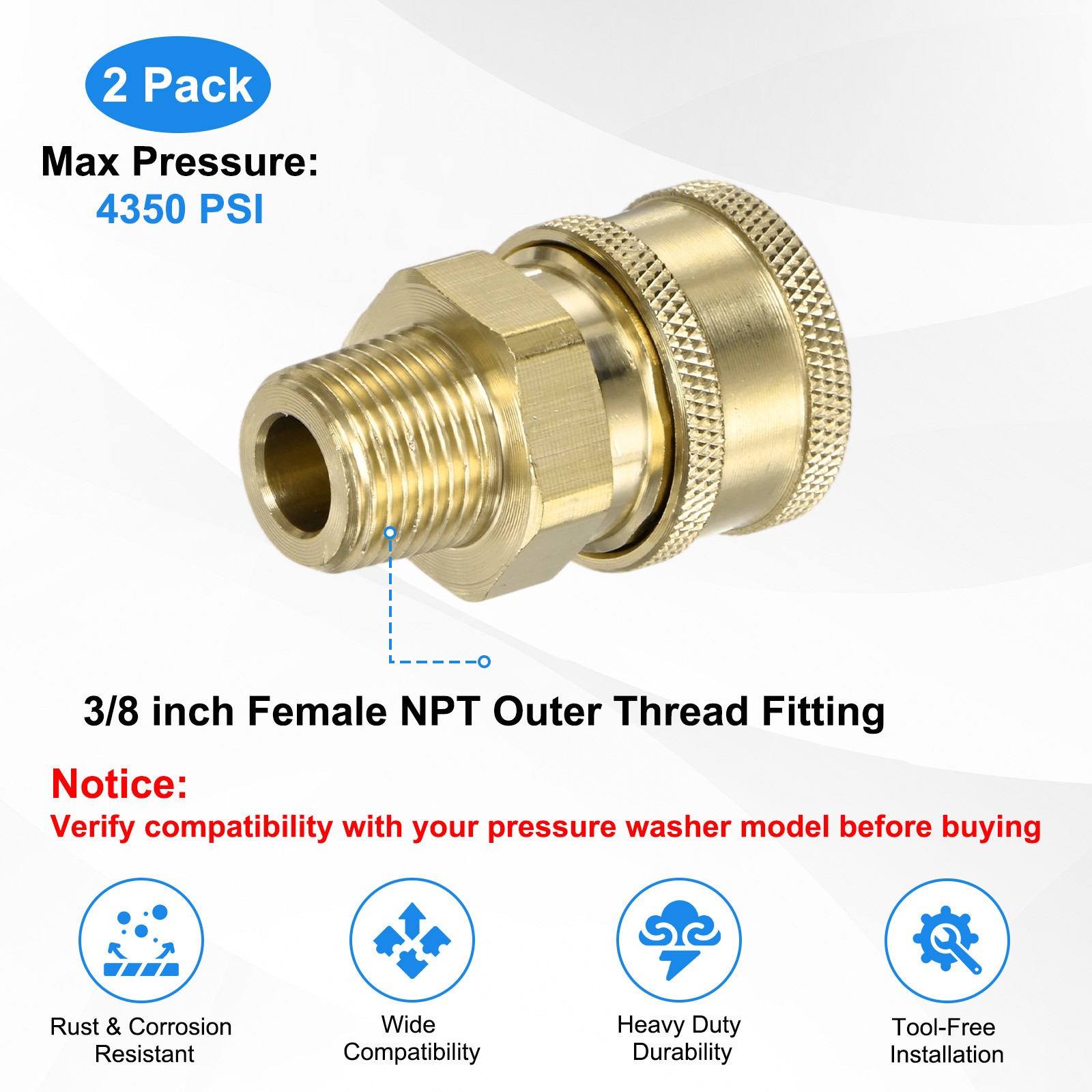 2-Pack Brass 3/8 Inch Female NPT Outer Thread Pressure Washer Coupler