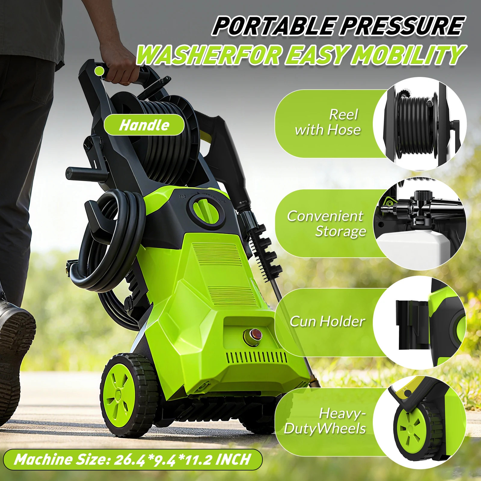Portable Electric Pressure Washer 3000PSI 1500W High Pressure Cleaner Machine wi