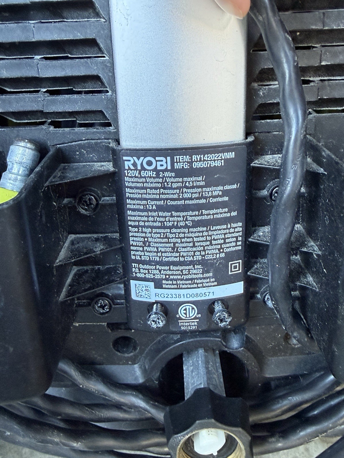 Ryobi Electric Pressure Washer 2000 PSI 1.2 GPM Cold Water RY142022VNM