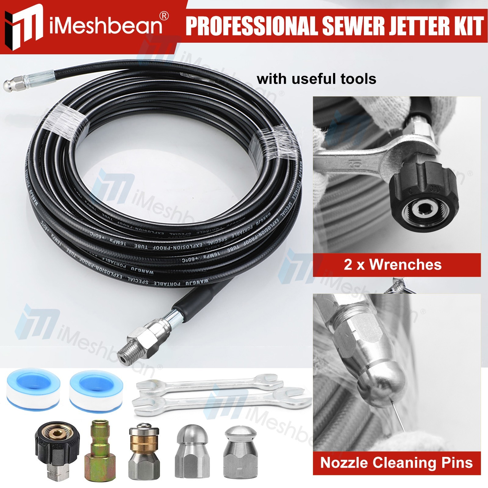 Sewer Line & Drain Jetter Kit, 1/4″ x 50FT Hose w/ Sewer Nozzle & Adapter 5800PS