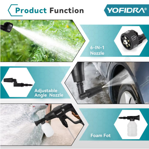 Yofidra 200Bar Brushless Cordless Pressure Washer 6IN1 Car Wash Gun 18V Tool