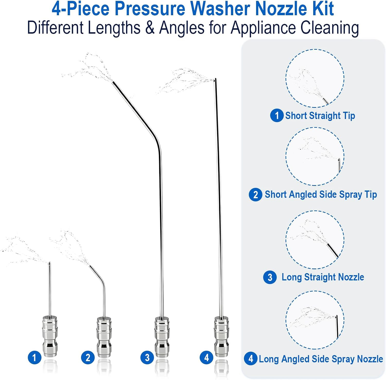 Pressure Washer Needle Nozzle Kit,4 Pack Stainless Steel Flush Wand Tips, 1/4 In