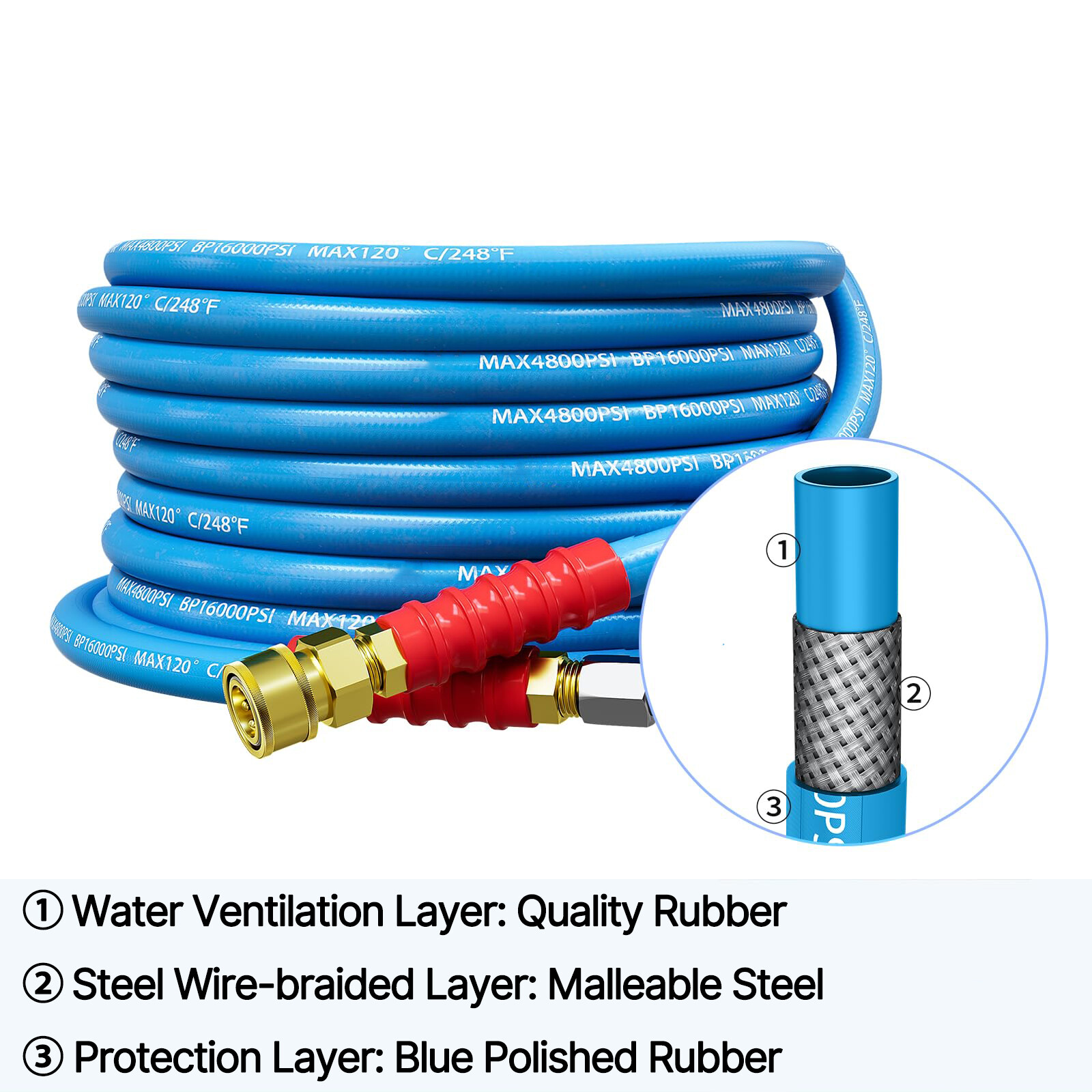 3/8″ 4800psi Hot Water Rubber Pressure Washer Hose 30-150FT 248℉ Extension Cable