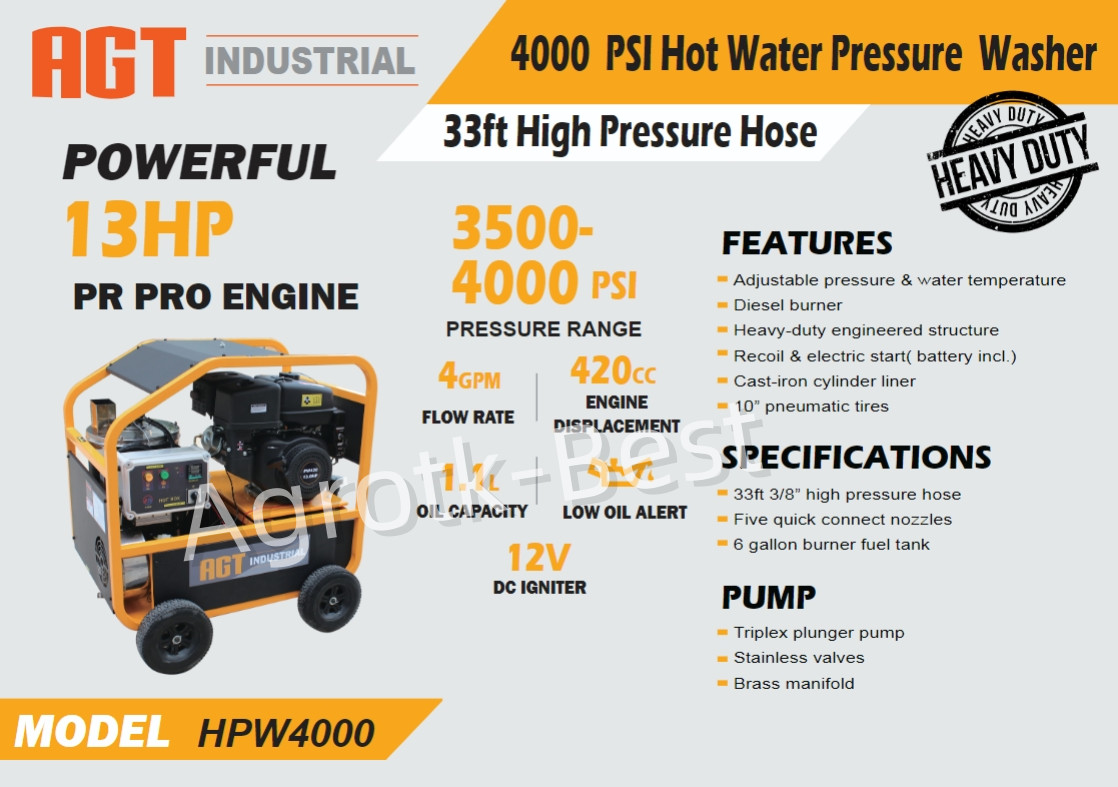 AGT 4000 PSI Hot Water High Pressure Washer Machine 4 GPM 13 HP Gasoline burner