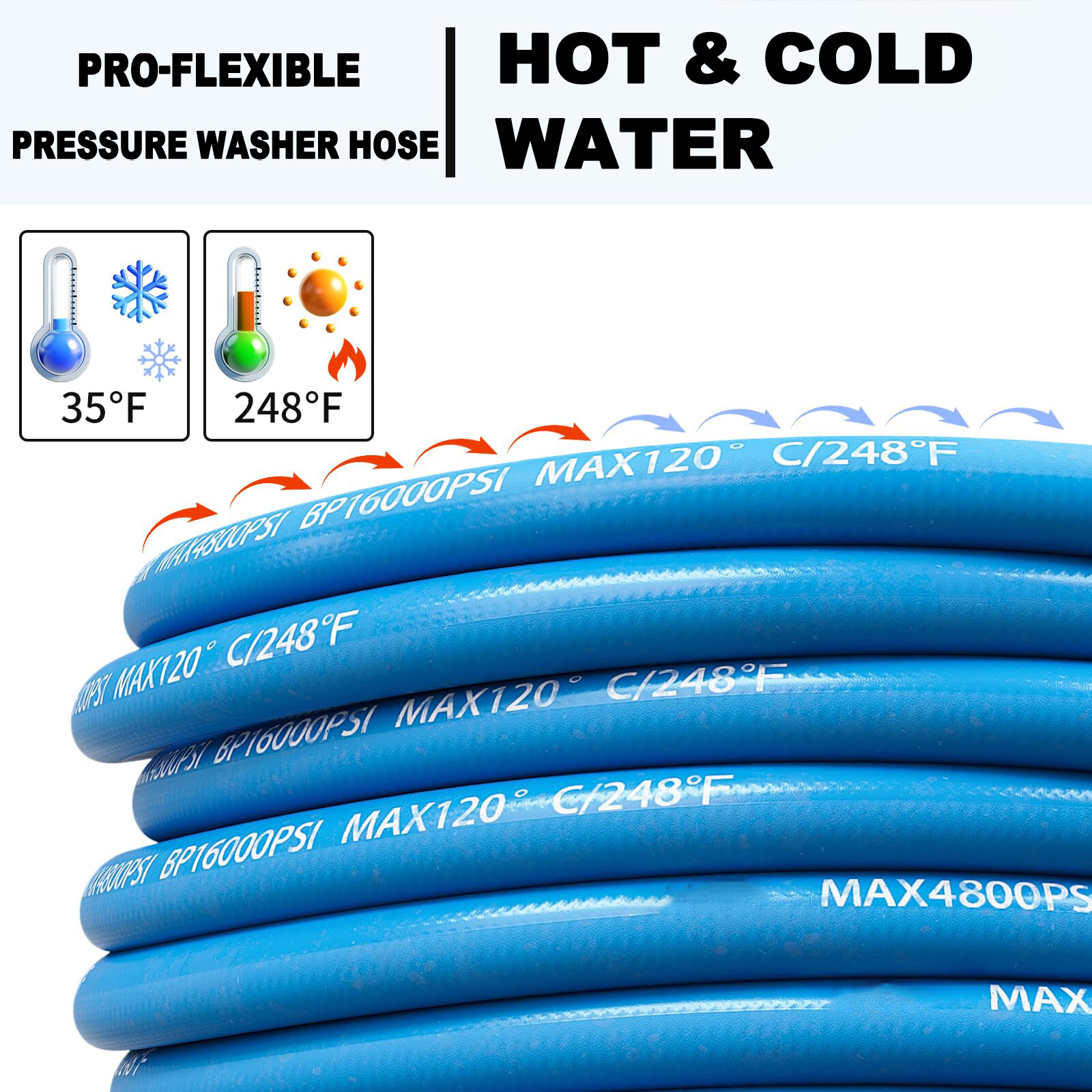 3/8″ 4800psi Hot Water Rubber Pressure Washer Hose 30-150FT 248℉ Extension Cable