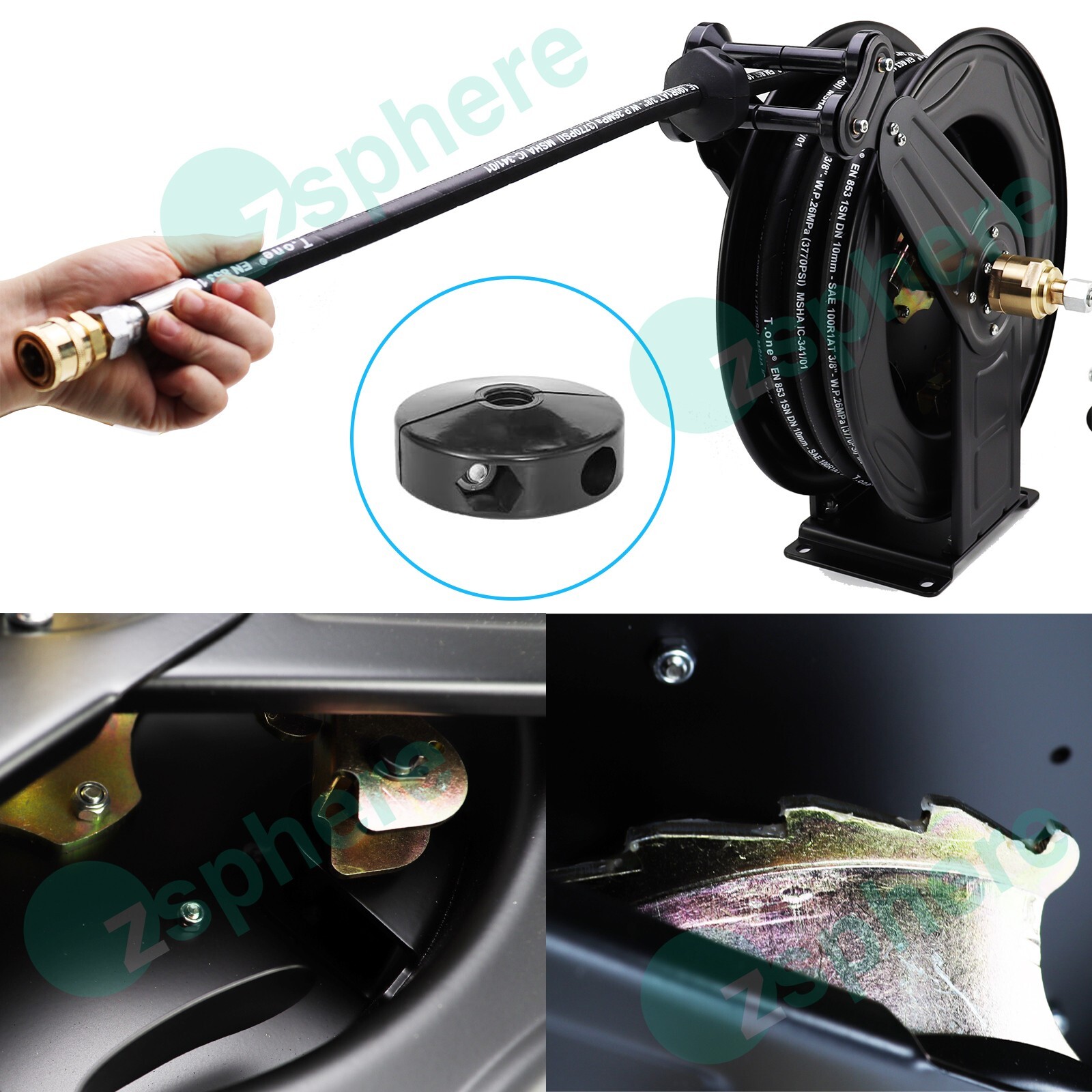 Pressure Washer Hose Reel Kit | 50′ Rubber Steel Hose and 4′ Jumper with 3/8″ QC