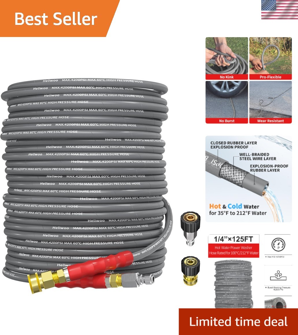 Durable 125ft Steel-Braided Pressure Washer Hose | 1/4 Inch | Leak-Proof Quality