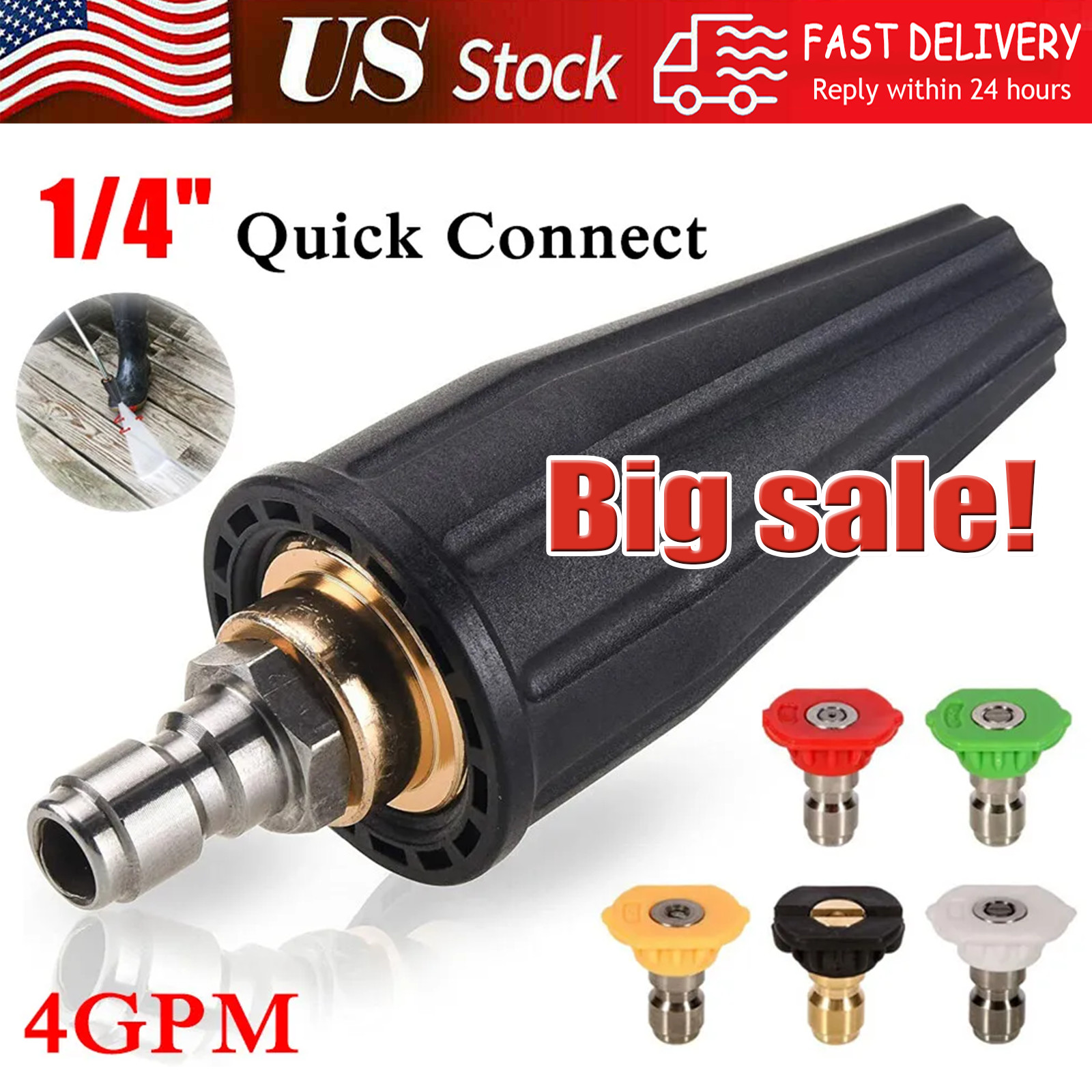 4.0GPM High Pressure Washer Rotating Turbo Nozzle Spray Tip 4000PSI 1/4″ Quick