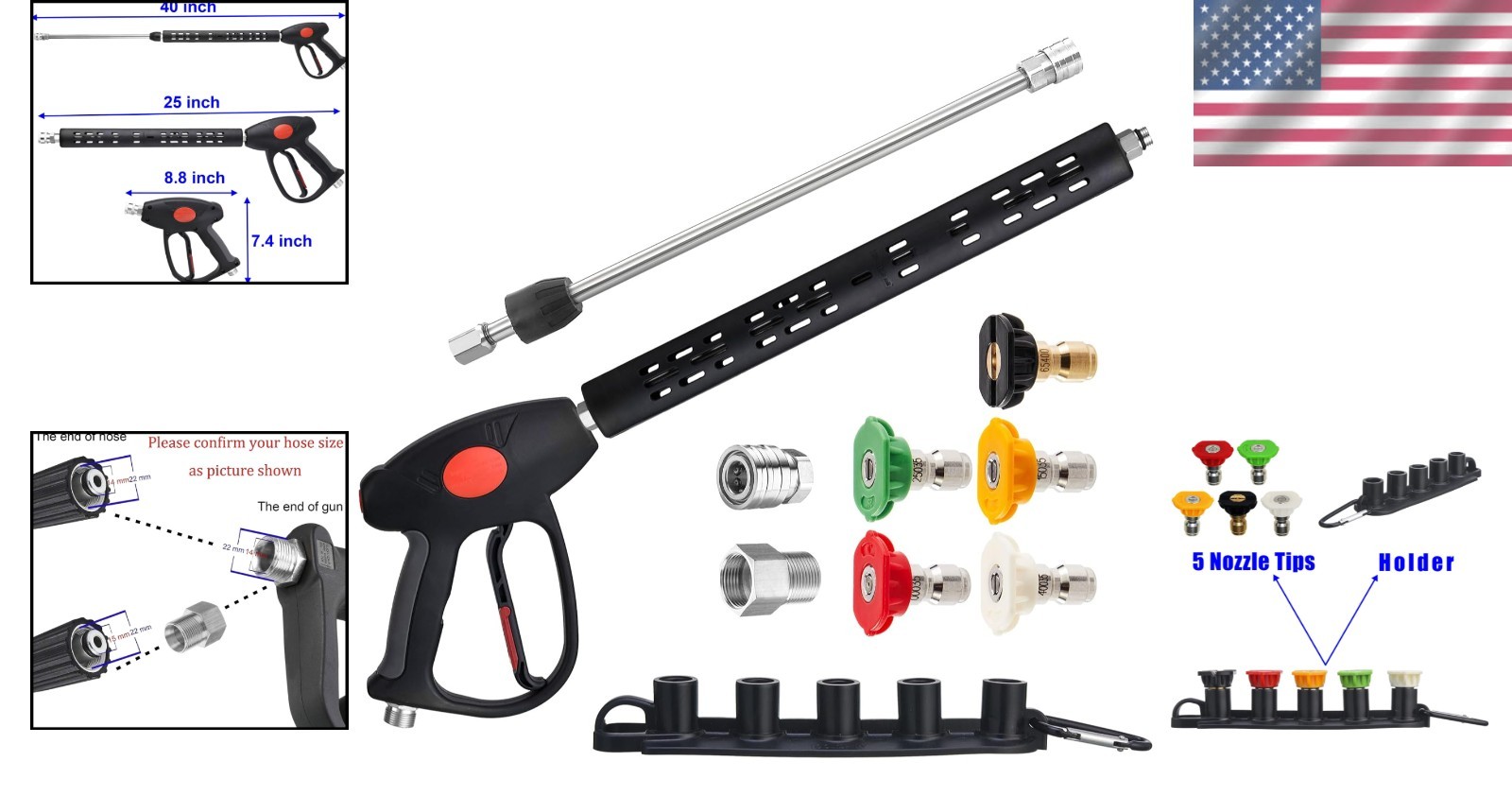 Replacement Pressure Washer Gun with 15mm or 14mm Fitting & 5 Nozzles