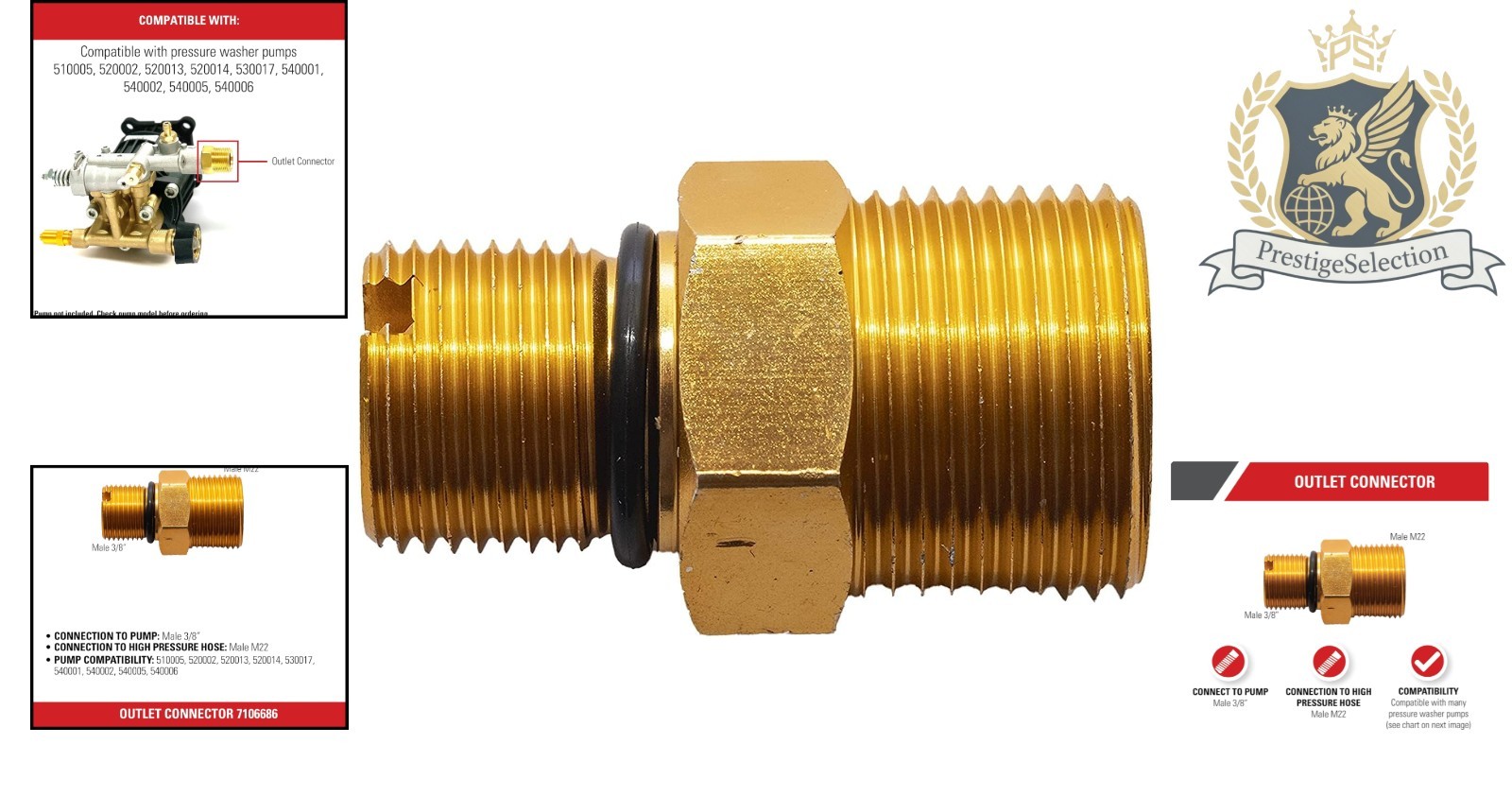 Universal Water Outlet Adapter for Gas Pressure Washers – Gold Anodized Finish