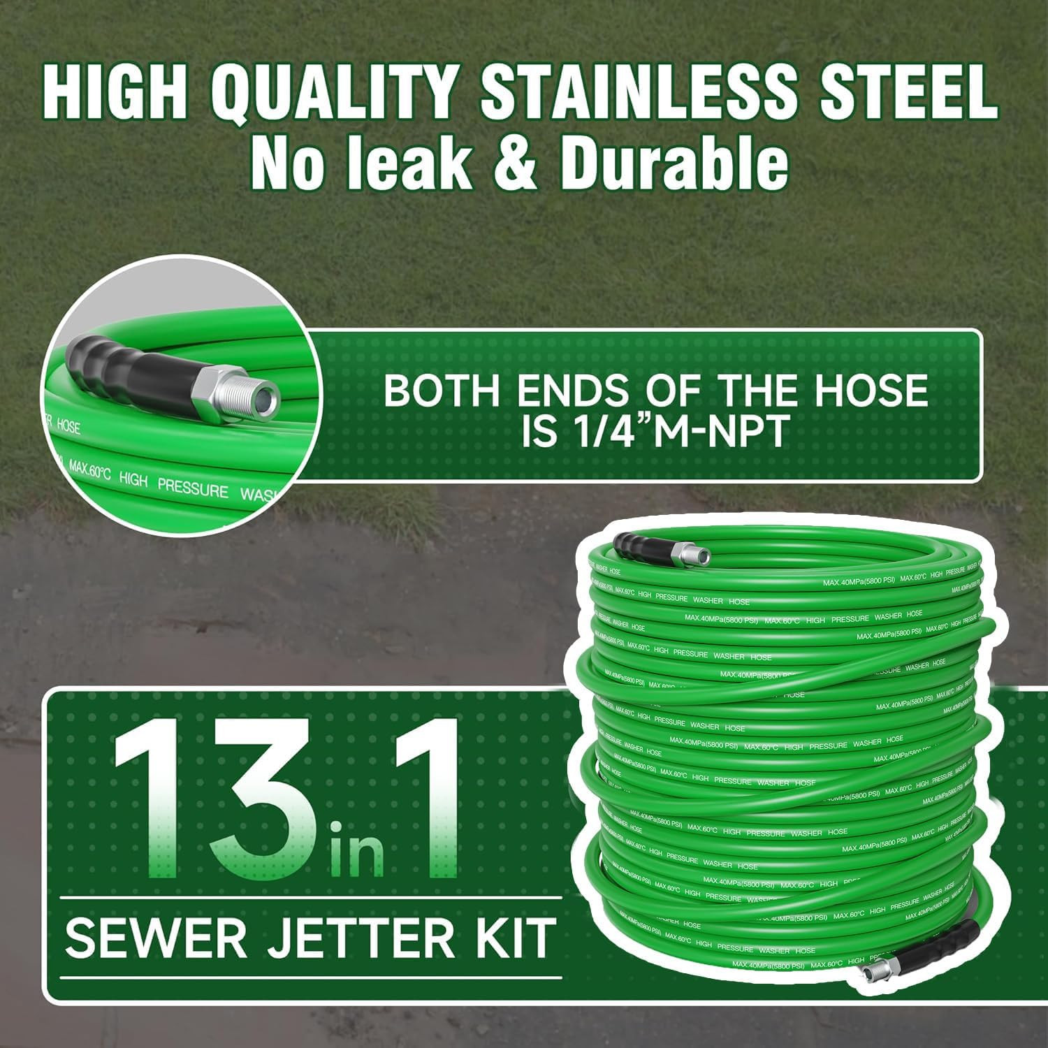 Sewer Jetter Kit for Pressure Washer 50FT – 5800PSI High-Pressure Drain Cleaner,