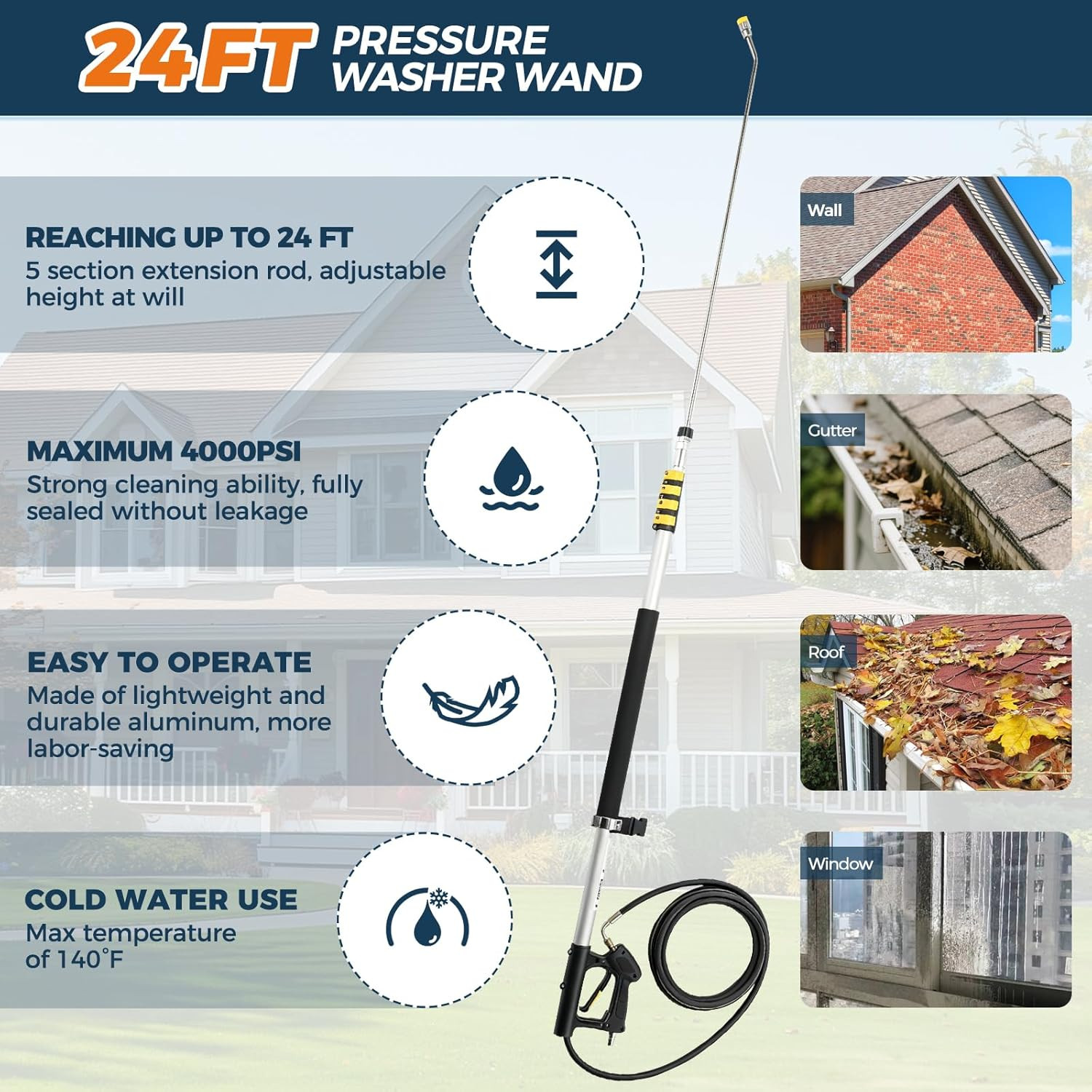 24 FT Aluminum Pressure Washer Telescoping Wand with 3 Pressure Washer Extension