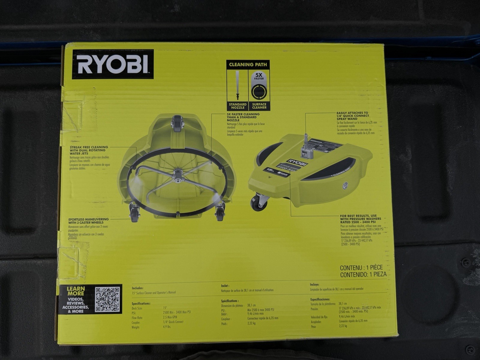 Ryobi 15 in. 3400 PSI Gas Pressure Washer Surface Cleaner with Caster Wheels New