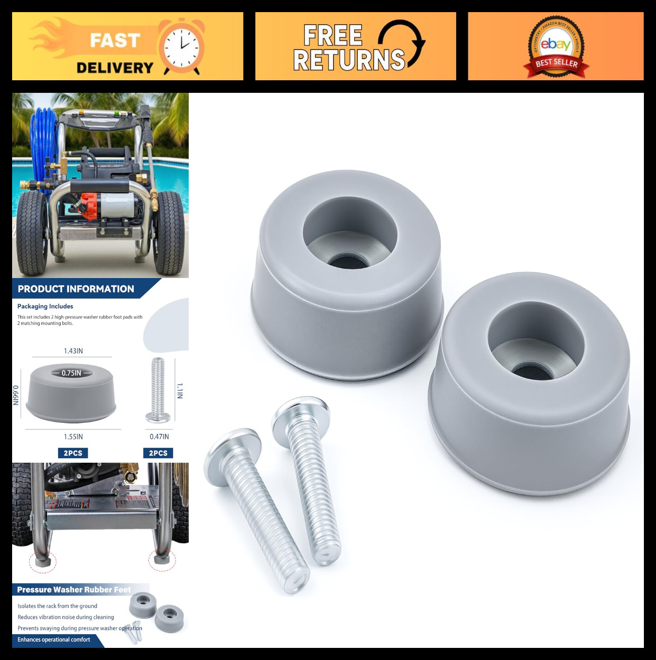 Rubber Feet for Gas Pressure Washers – Compatible with Most Brands, 2 Pcs
