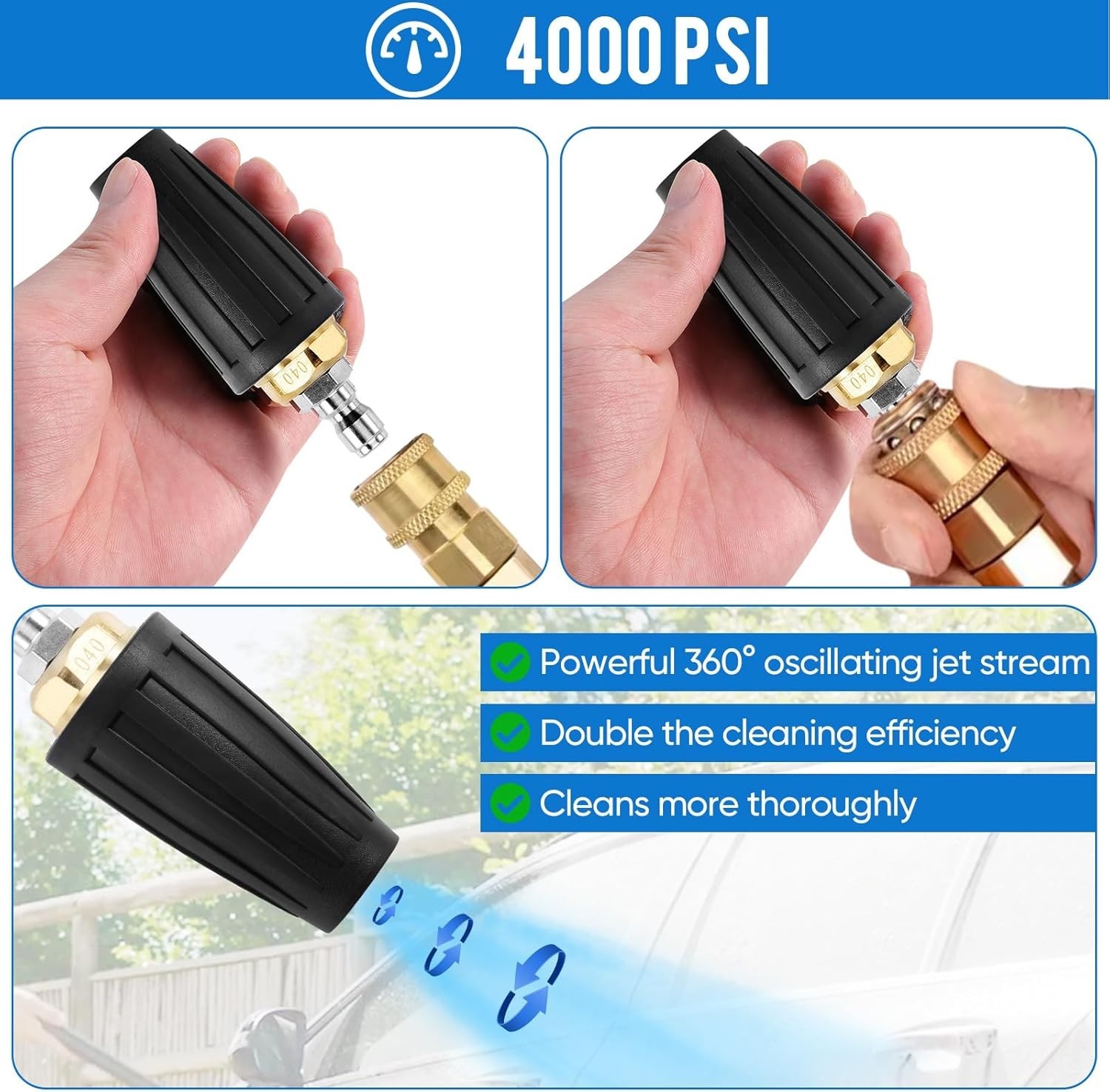 4000 PSI Turbo Pressure Washer Nozzle with Ceramic Core & 360° Rotation