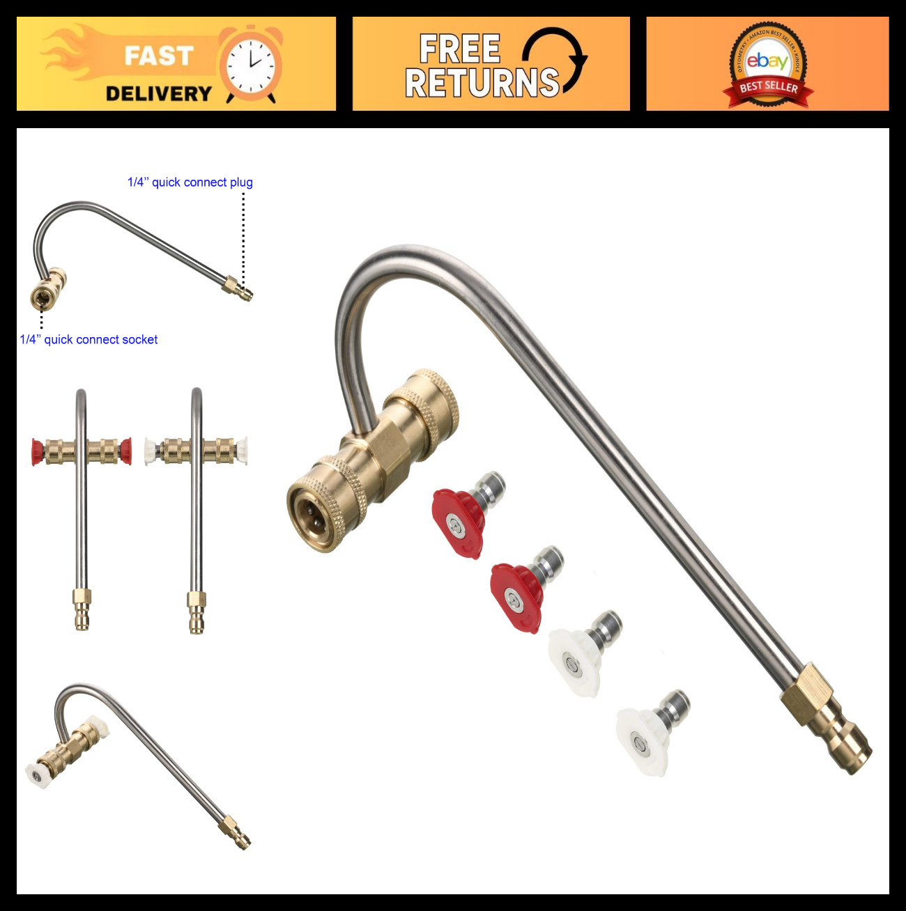 Gutter Cleaner Attachment for Pressure Washer – 4 Nozzle Tips, 4000 PSI, Quick C