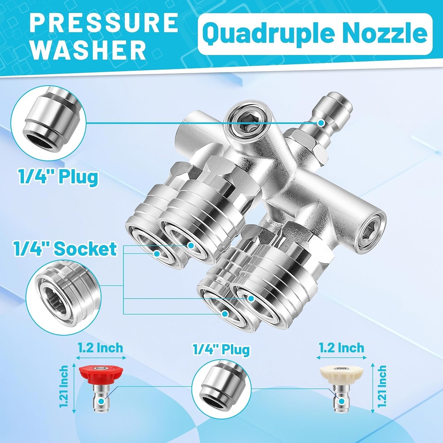 Quadruple Pressure Washer Tips – 4-in-1 Stainless Steel Nozzle Set, 5000 PSI