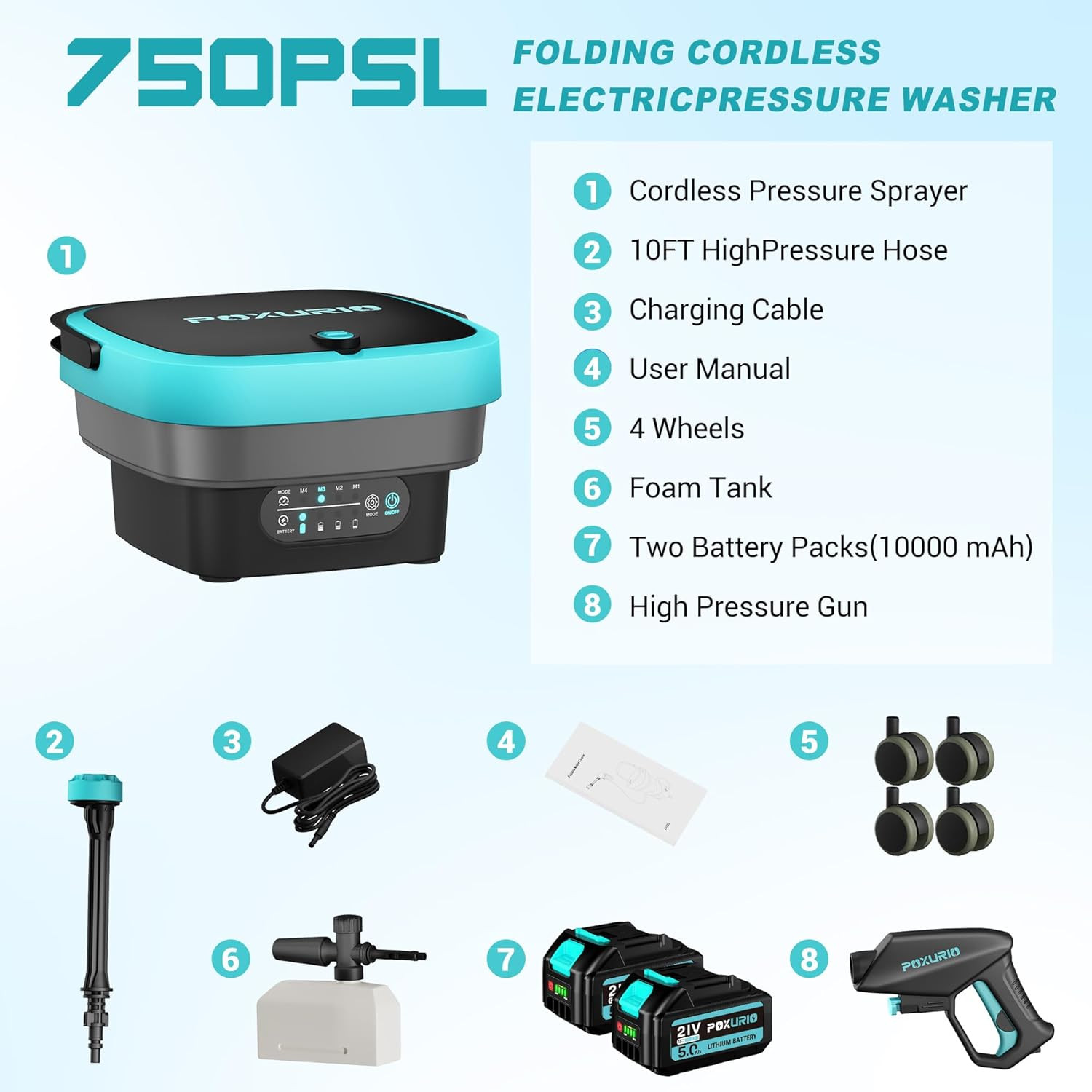 Cordless 750PSI Portable Pressure Washer with 4.5Gal Tank & 5-In-1 Nozzle