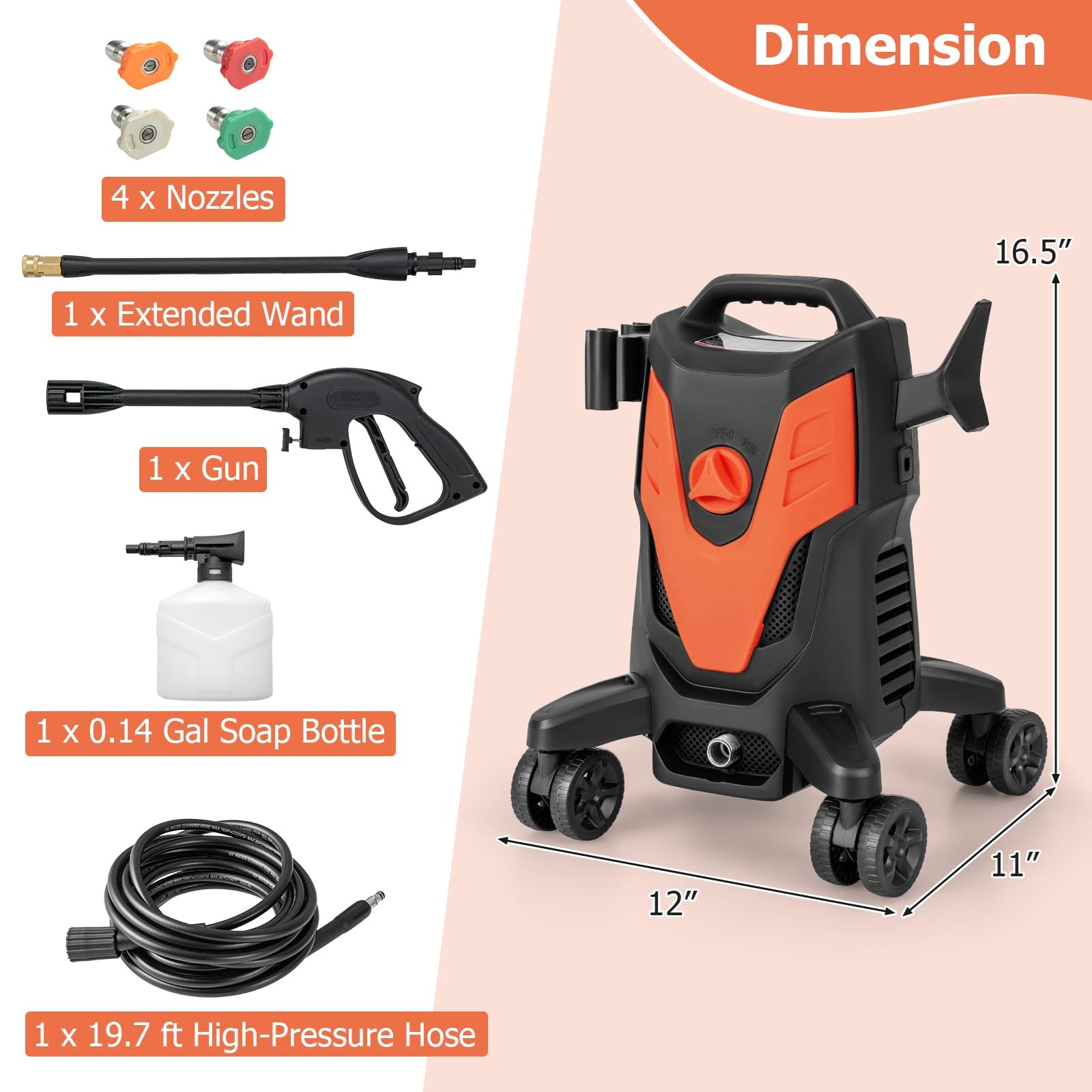 Costway Electric Pressure Washer 4 Universal Wheels 2400 Psi High Pressure