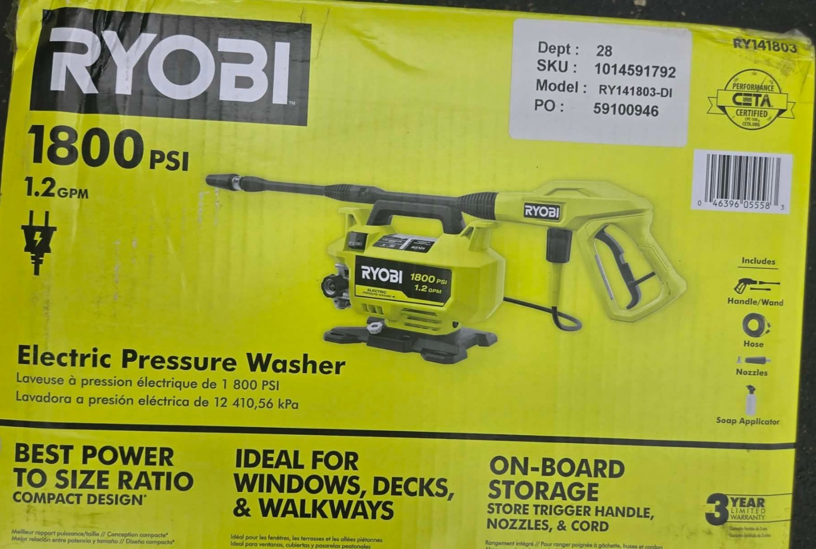 RYOBI RY141803 1800 PSI 1.2 GPM Electric Pressure Washer NEW
