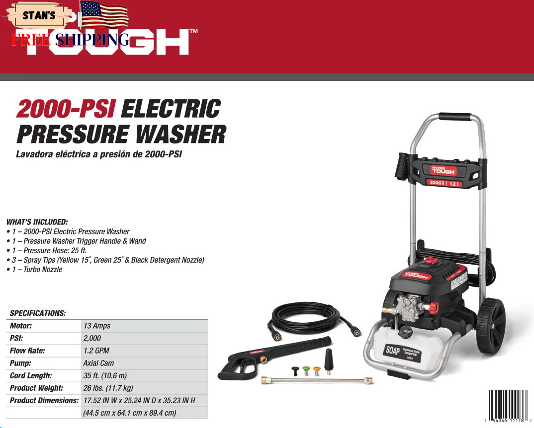 2000 PSI at 1.2 GPM 120 V Electric Powered Cold Water Pressure Washer FREE SHIP