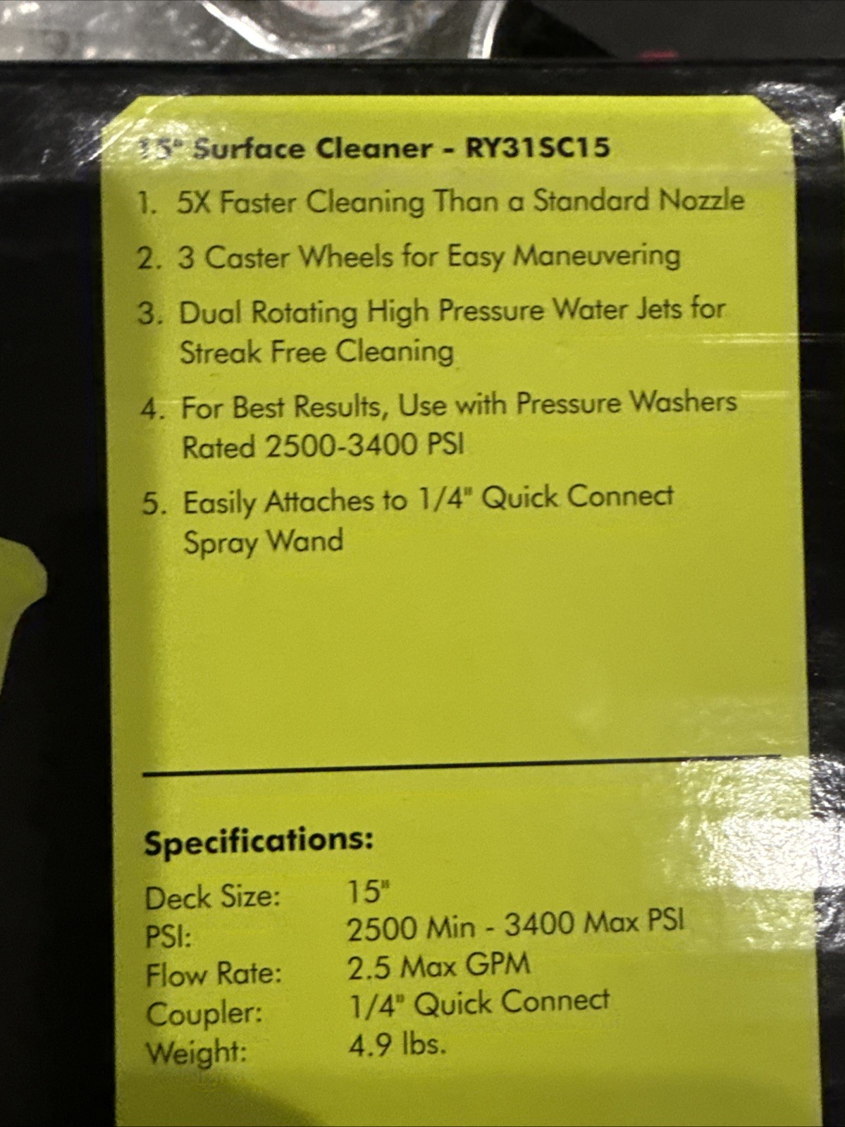 RYOBI 15″ 3400 PSI Gas Pressure Washer Surface Cleaner w/Caster Wheels RY31SC15