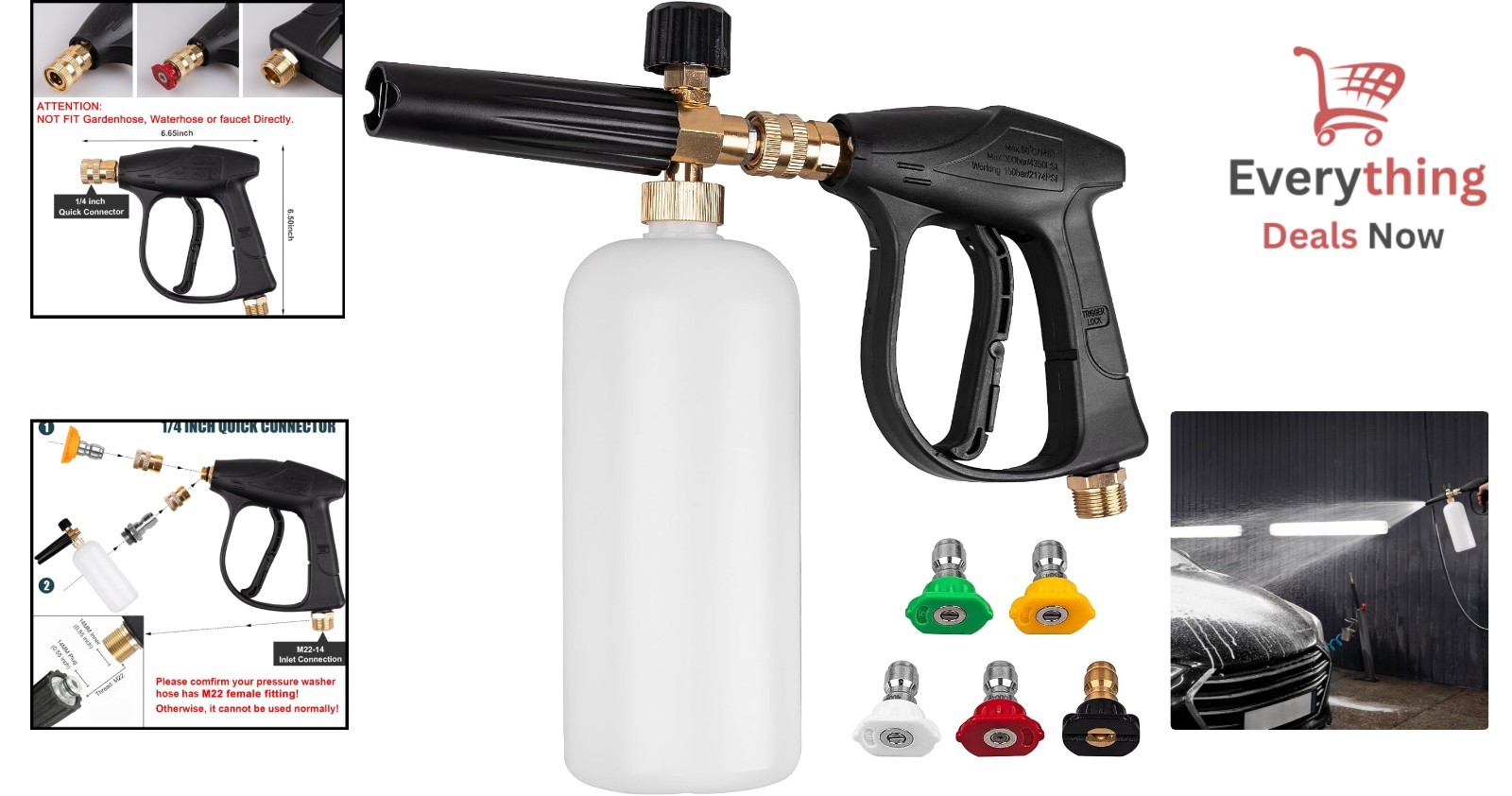 Short Pressure Washer Gun & Foam Cannon Kit, 5 Nozzle Tips, M22-14mm, 2000 PSI