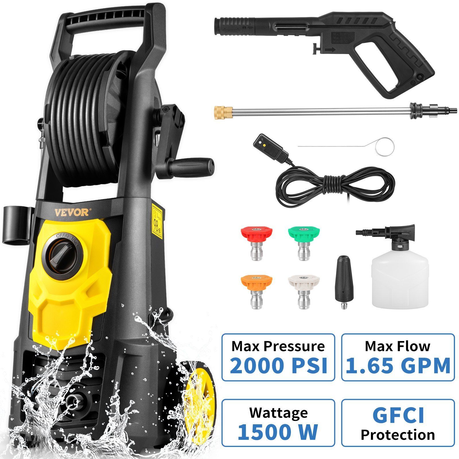 Portable Electric Pressure Washer 2000 PSI Max 1.65 GPM with 30 ft Hose & Reel