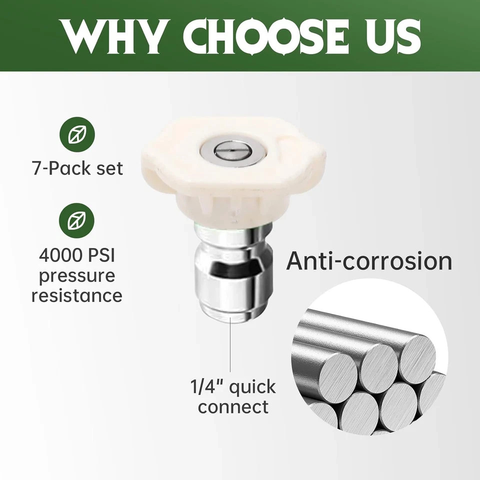 7-Pack Pressure Washer Nozzle Tips, 40° White, 1/4″ Quick Connect, 4000 PSI