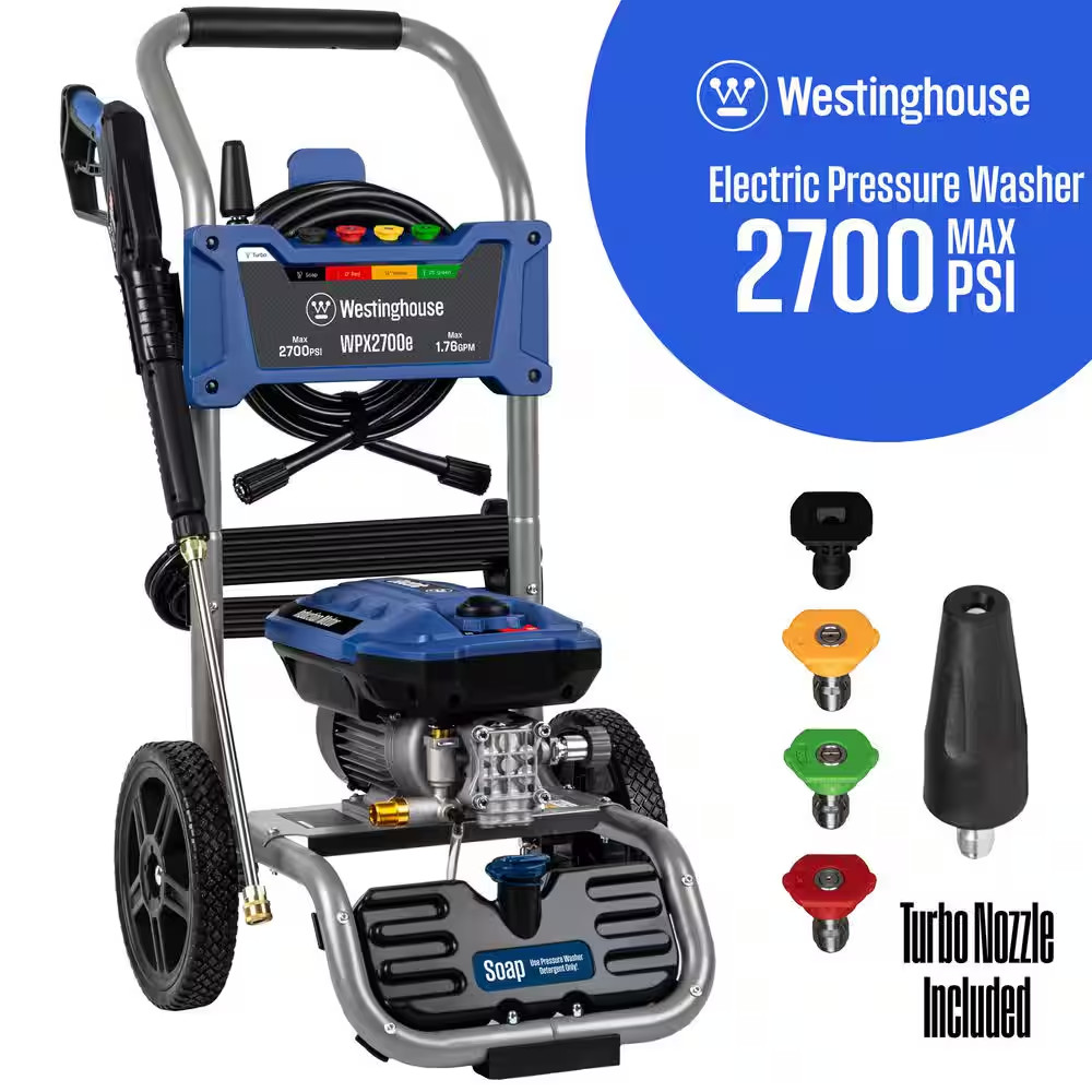2700 Max PSI 1.76 Max GPM 13 Amp Cold Water Electric Powered Pressure Washer wit