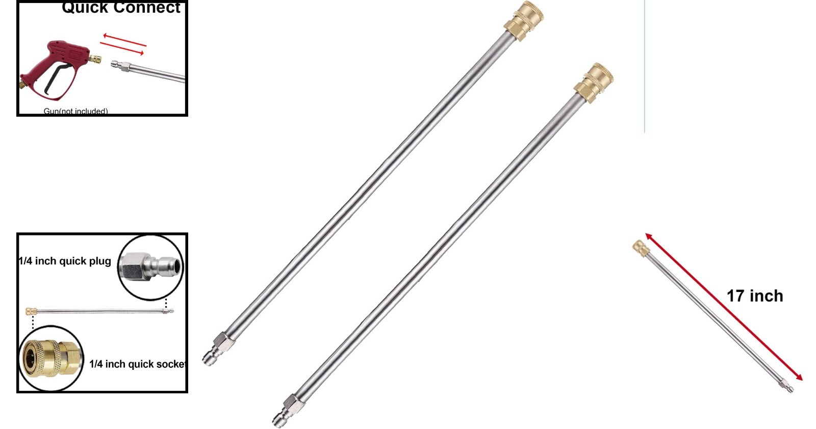 Universal 2 Pack 17” Stainless Steel Pressure Washer Extension Wands, 4000 PSI