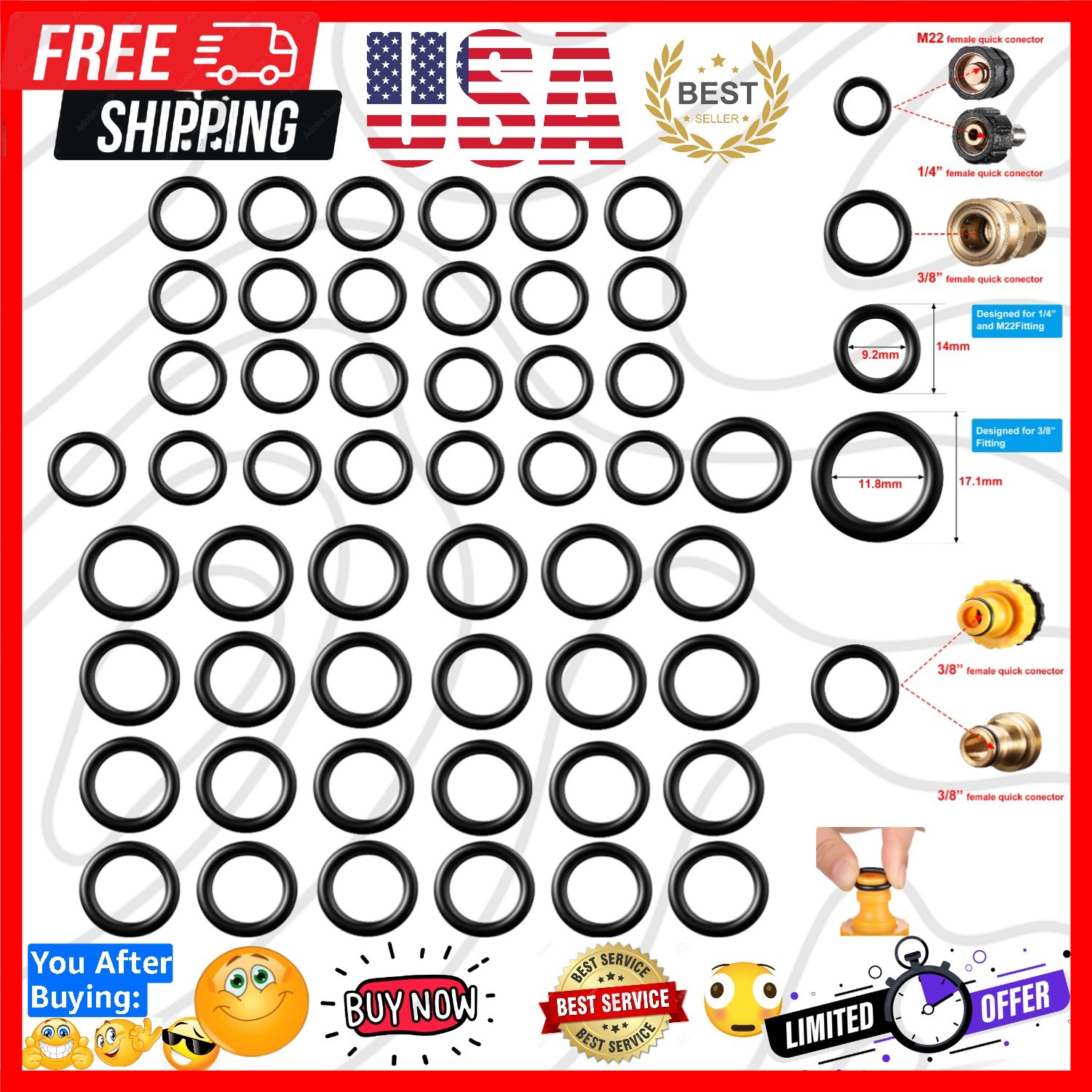 50 Pcs Pressure Washer O-Rings for 1/4 in, 3/8 in, M22 Quick Connect | Power …